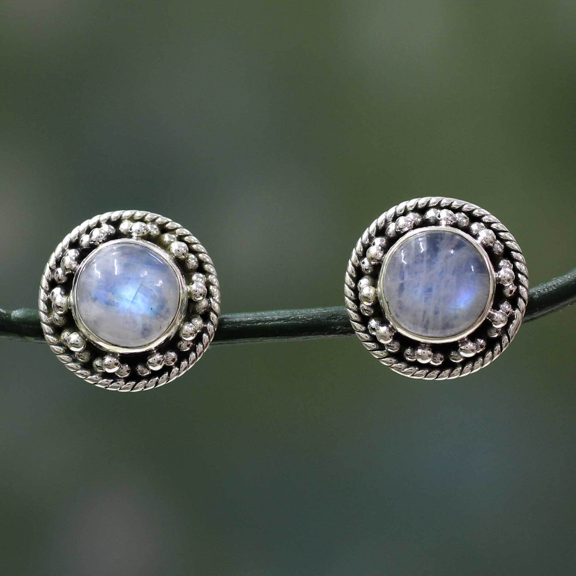 Premium Moonstone & Sterling Silver Button Earrings - Handcrafted Elegance