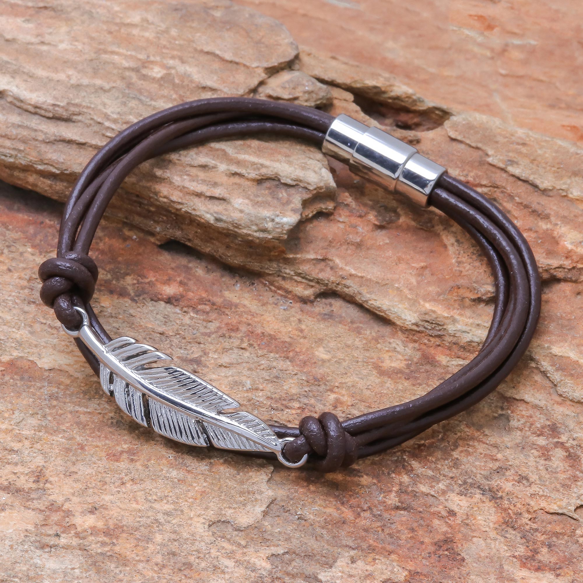 Premium Brown Leather & Stainless Steel Feather Pendant Bracelet - Handcrafted Elegance