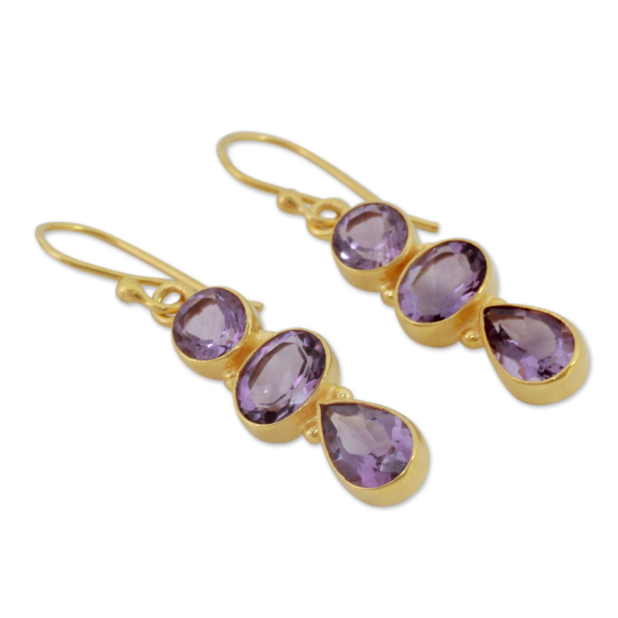 Premium Lilac Triad Amethyst Gold-Plated Dangle Earrings - Ultimate Elegance