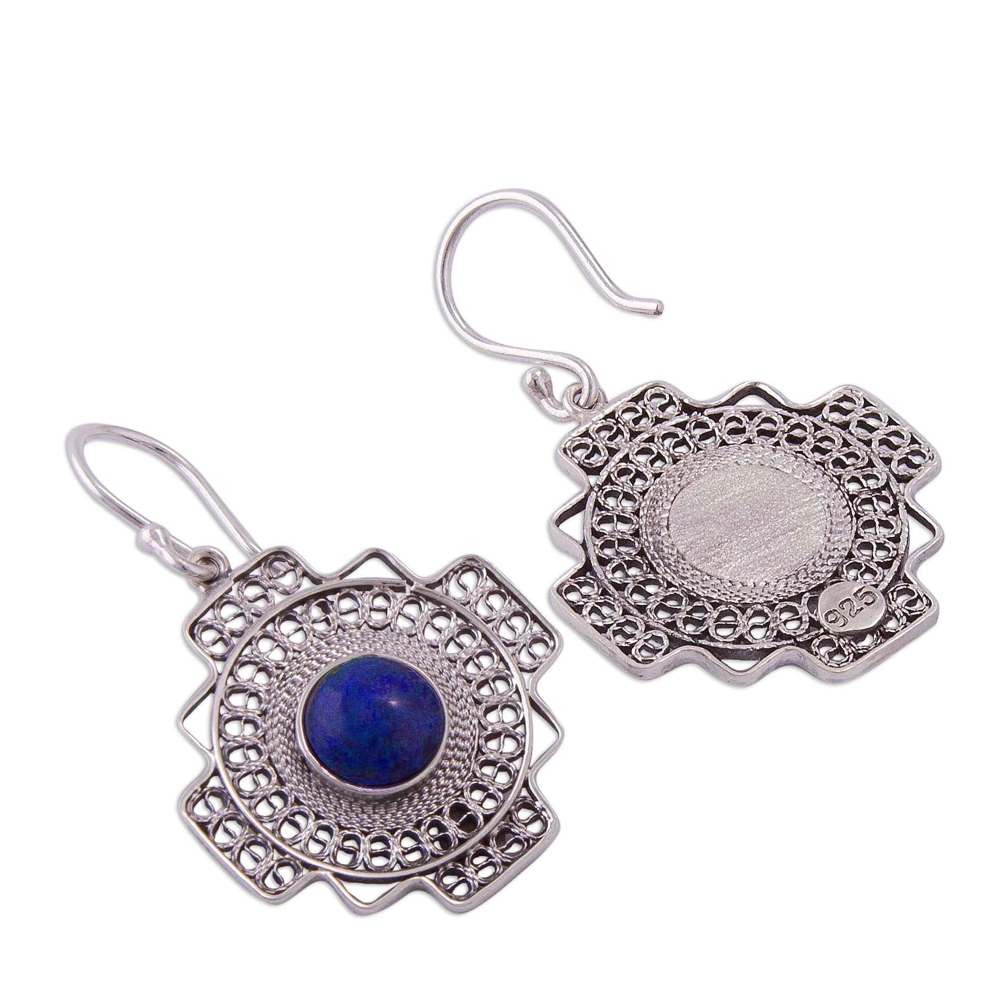 Premium Blue Mountain Chakana Sodalite Dangle Earrings - Handcrafted in Peru