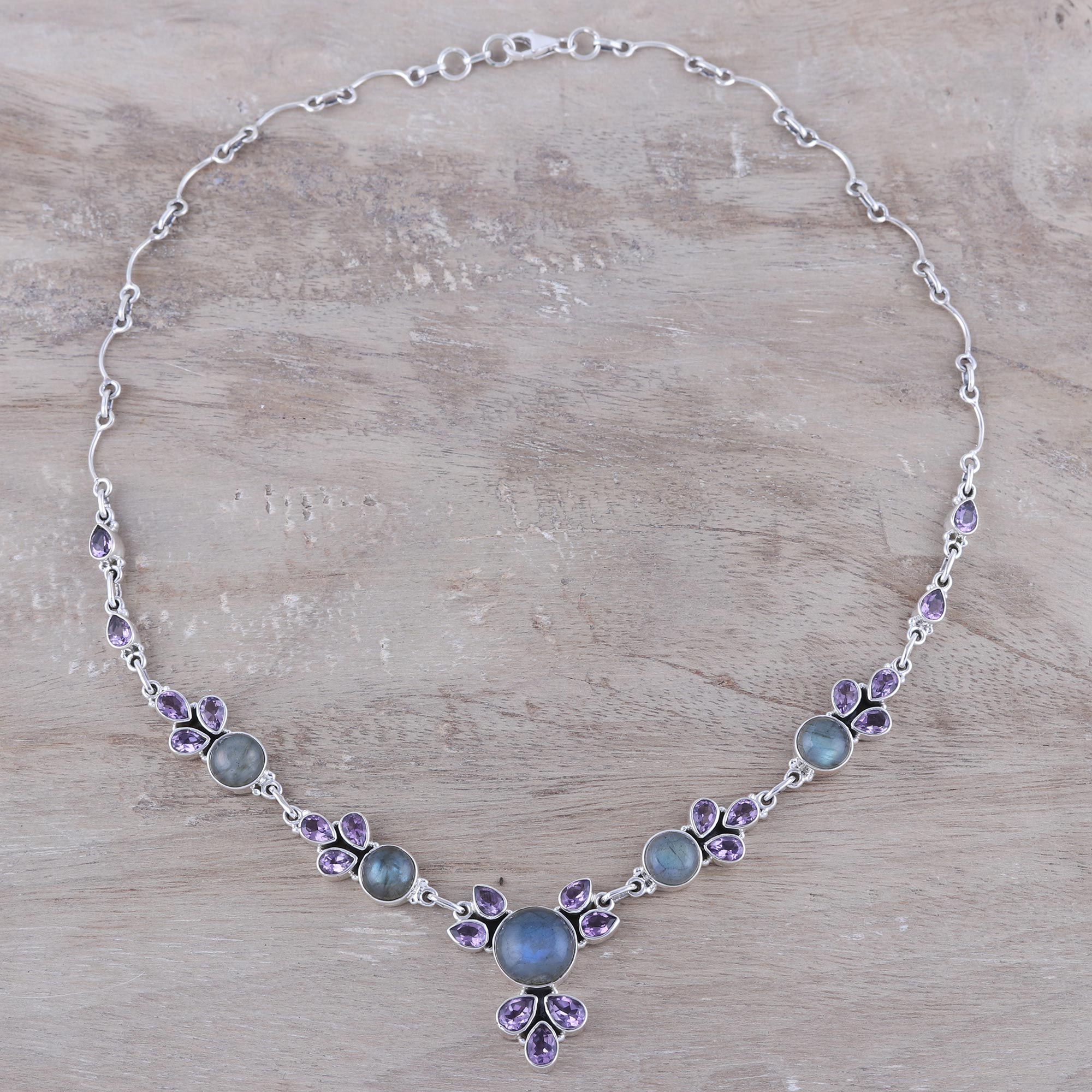 Premium Aurora Blossom Amethyst & Labradorite Sterling Silver Necklace