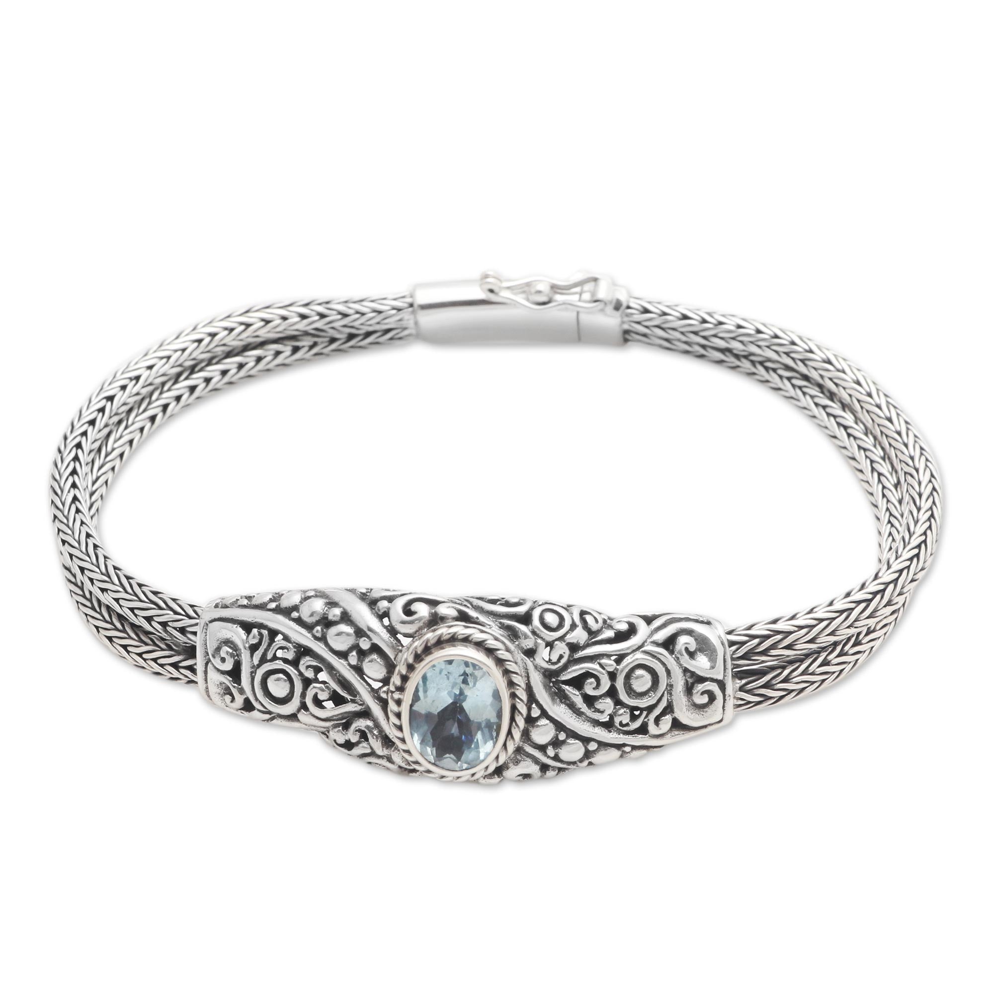 Premium Double Naga Balinese Blue Topaz Bracelet with Sterling Silver Chain