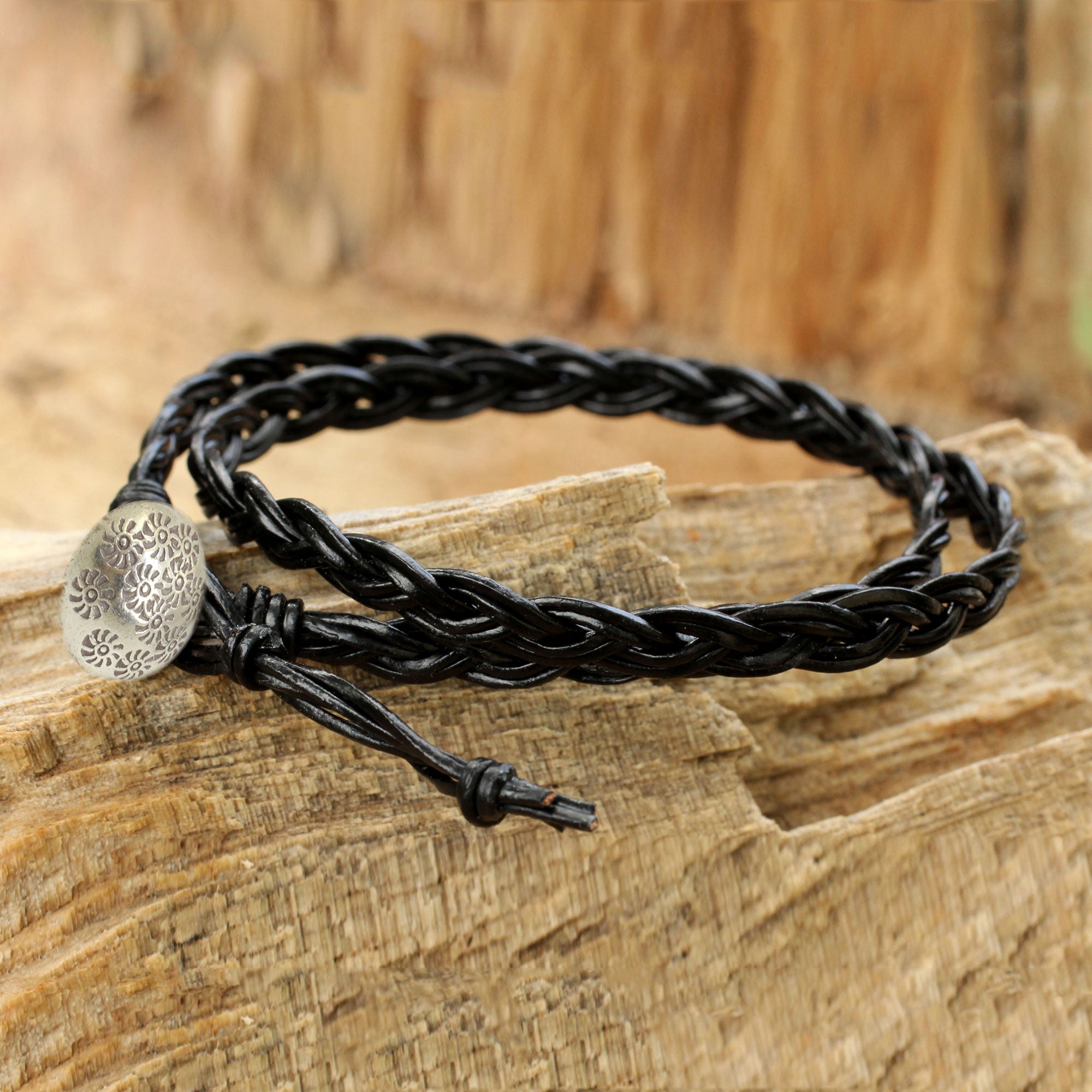 Premium Black Braided Leather Bracelet with Hill Tribe Silver Clasp