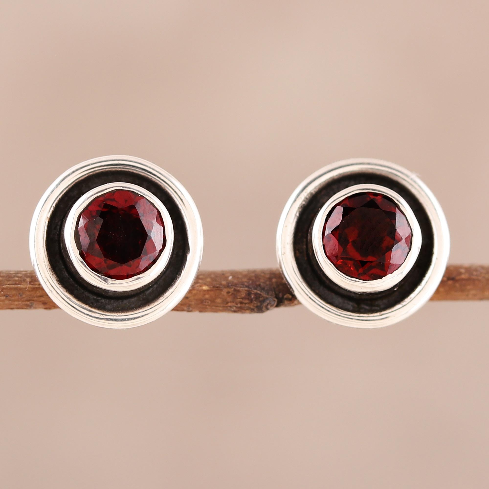 Premium Framed Sparkle Garnet Stud Earrings - Handcrafted Sterling Silver Jewelry