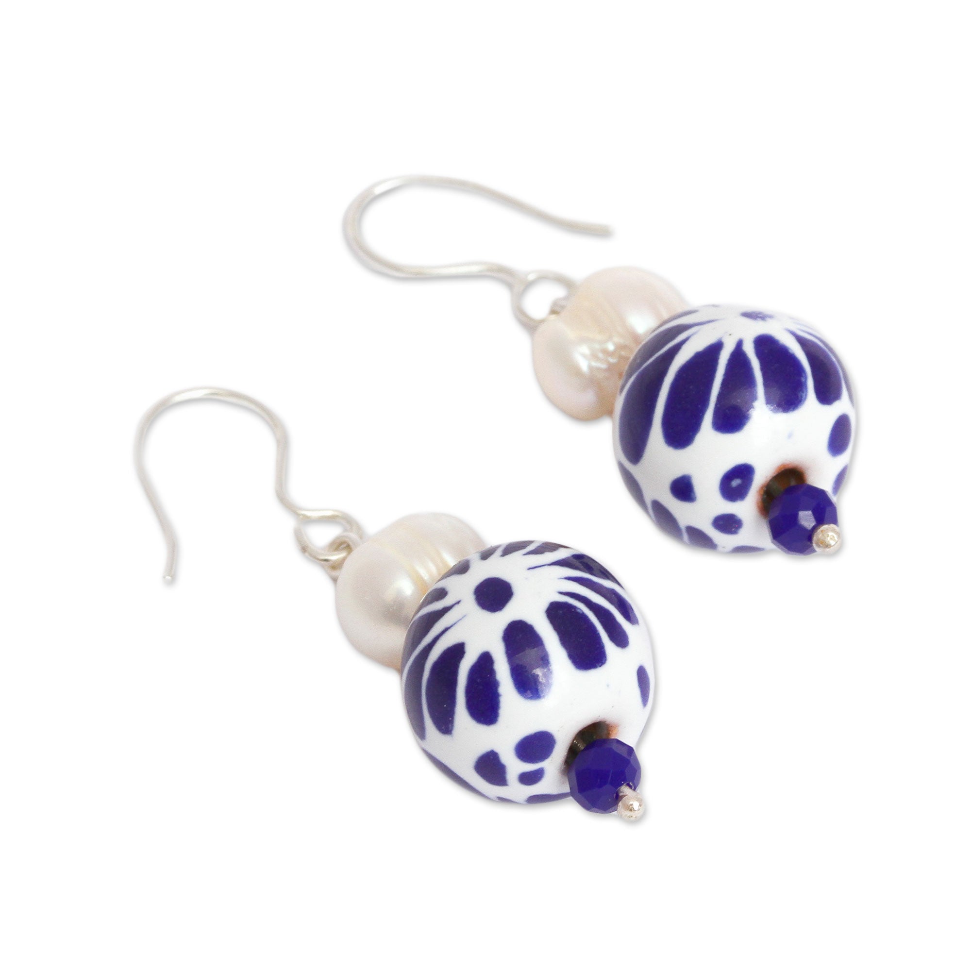 Premium Indigo Bloom Pearl & Ceramic Dangle Earrings – Handcrafted Mexican Artistry