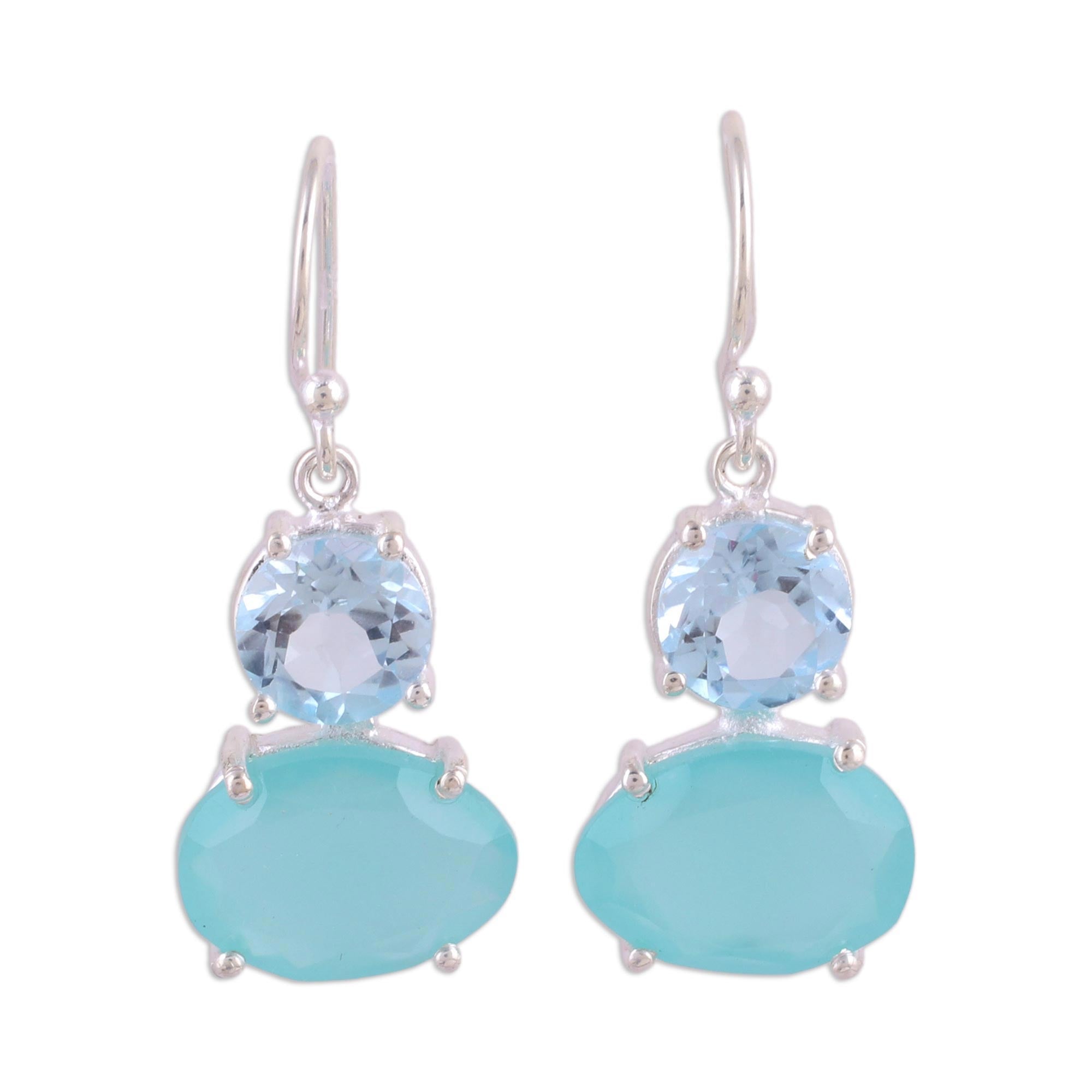 Premium Regal Air Blue Topaz & Chalcedony Dangle Earrings - Elegant Hook Design