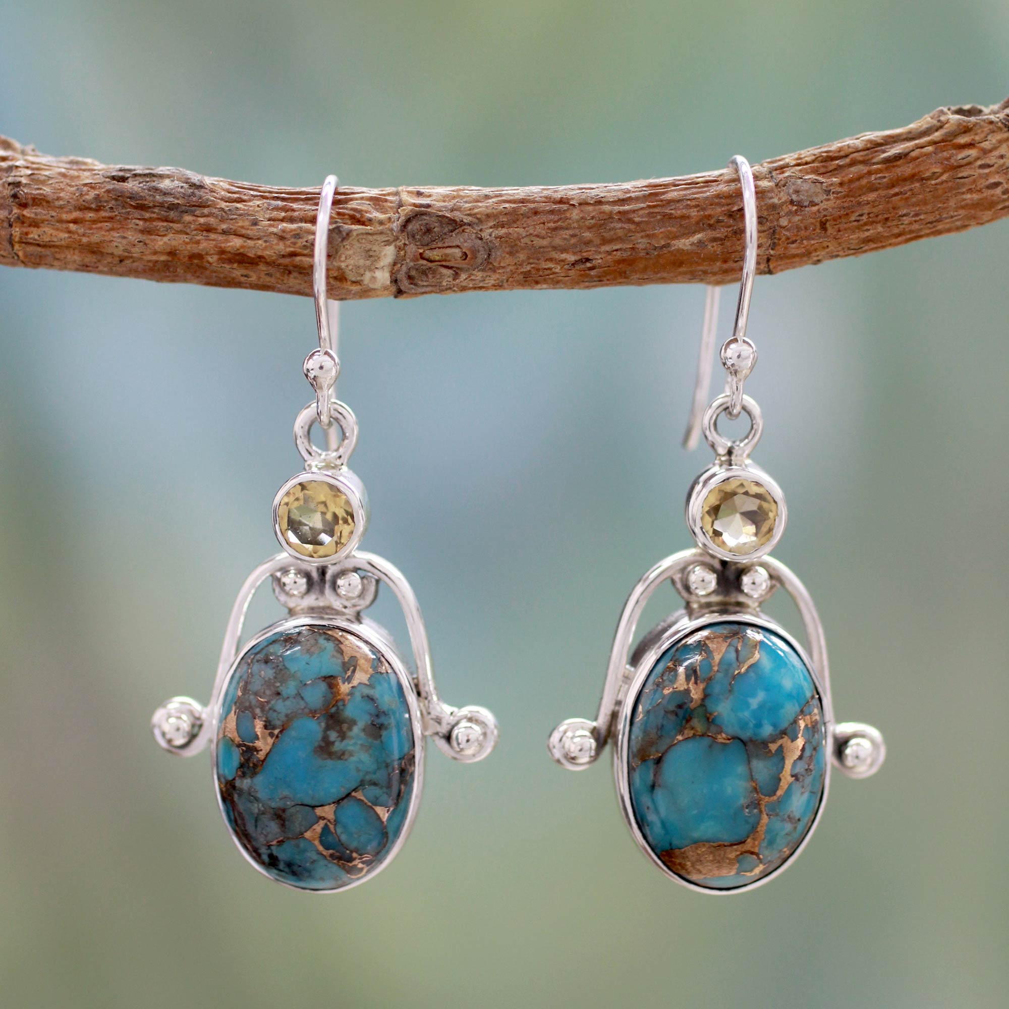 Premium Goddess Citrine & Turquoise Earrings - Modern Silver Jewelry