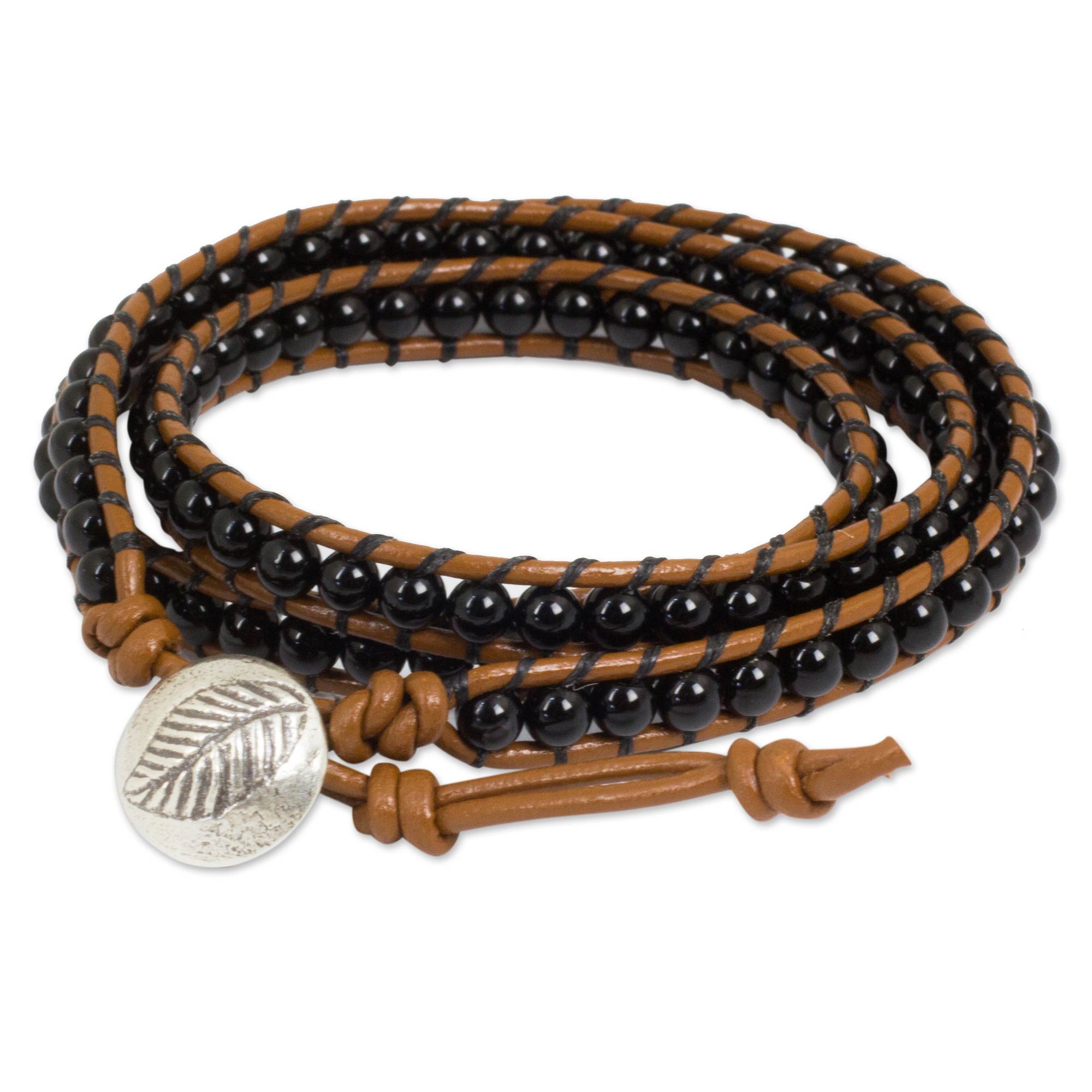 Premium Handmade Hill Tribe Silver & Onyx Leather Wrap Bracelet