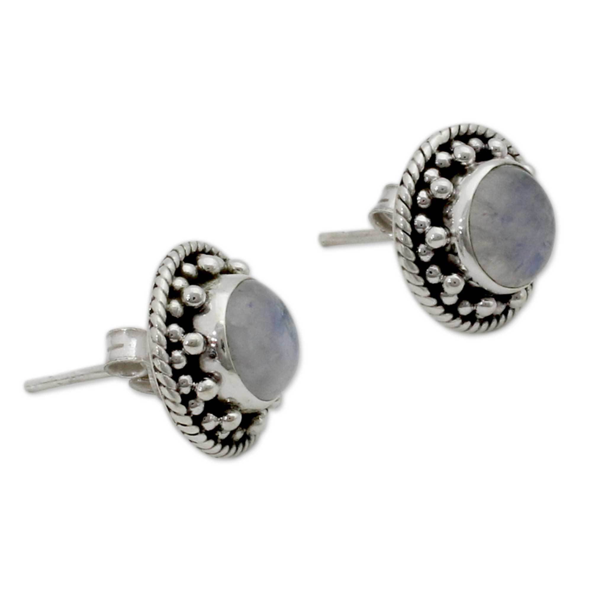 Premium Moonstone & Sterling Silver Button Earrings - Handcrafted Elegance