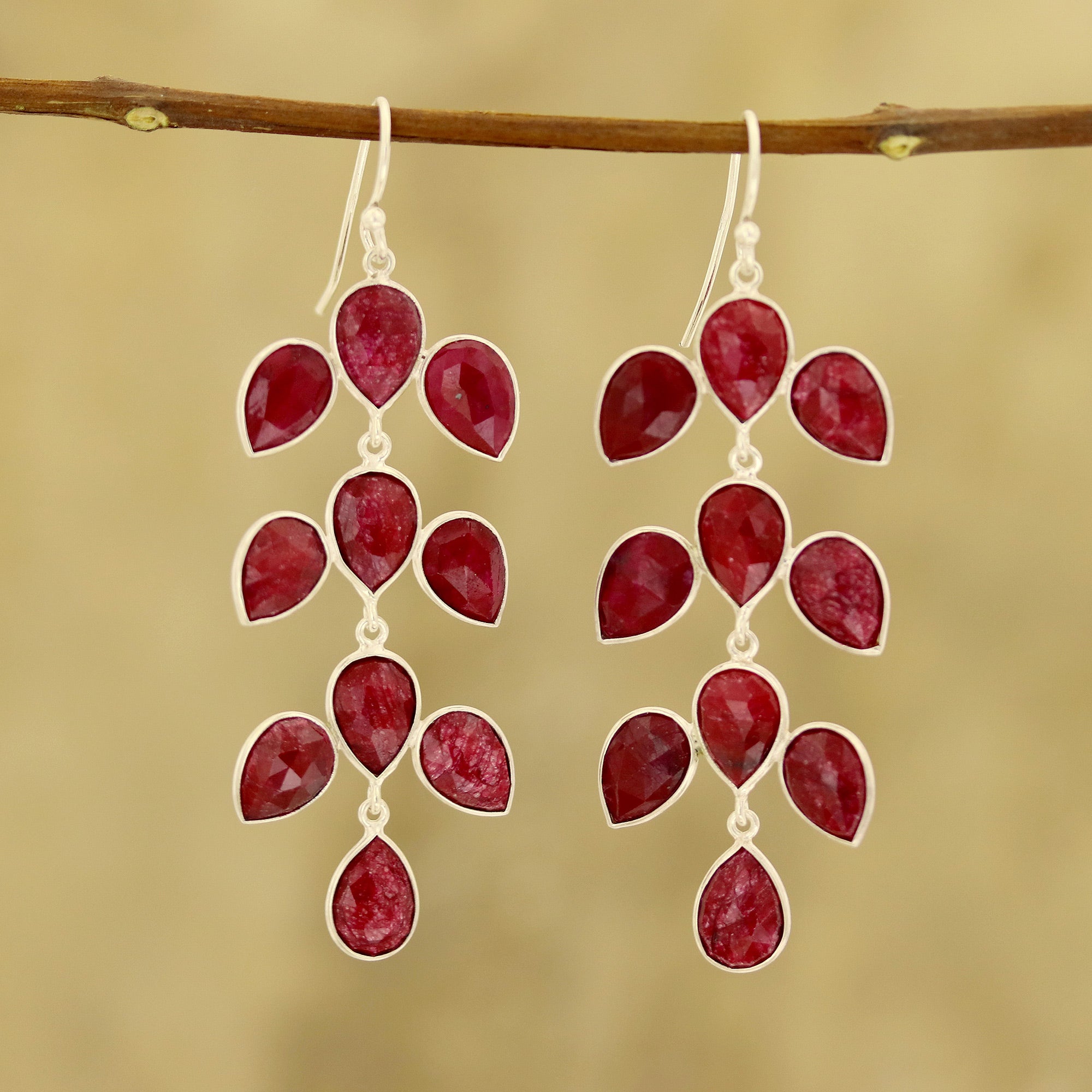 Premium Leaf Cascade 40-Carat Ruby Dangle Earrings - Handcrafted in India