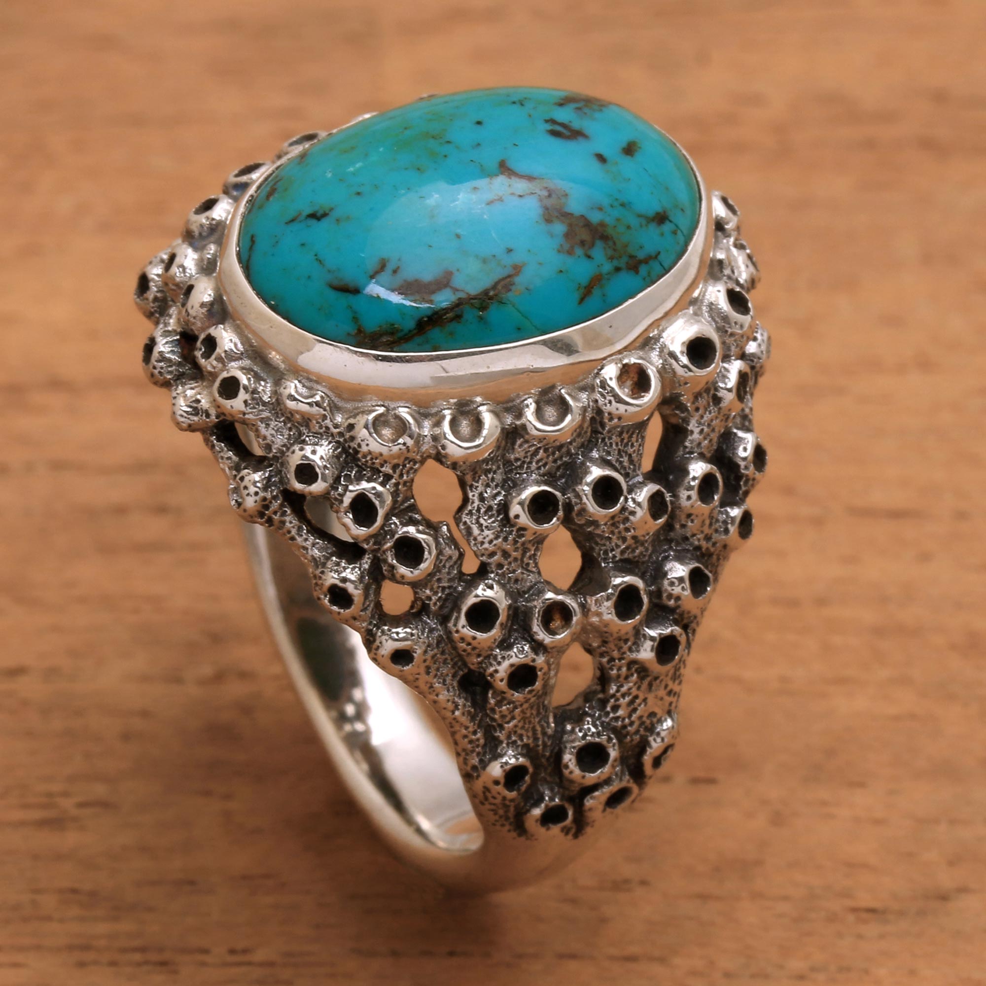 Premium Living Coral Men's Sterling Silver Ring with Turquoise