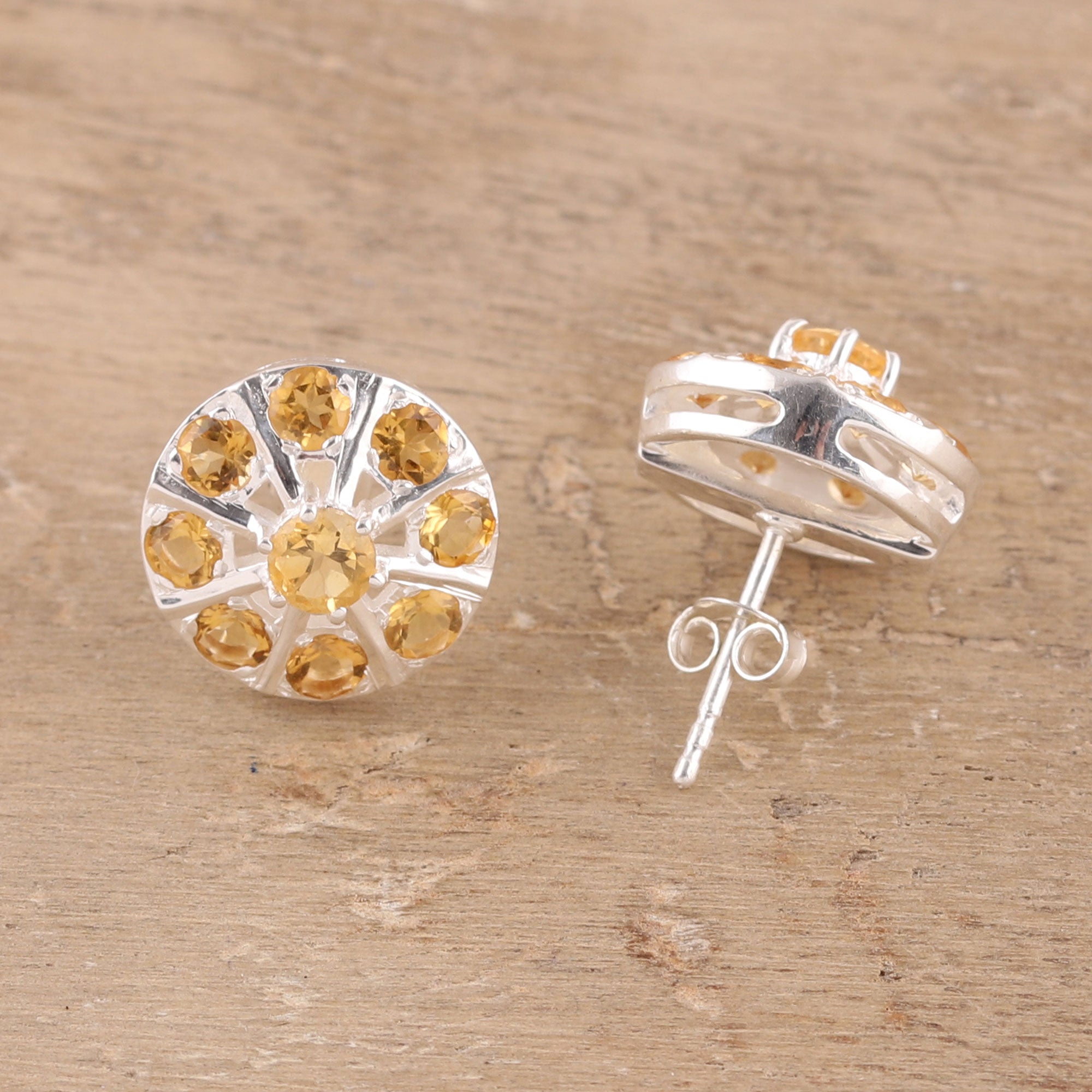 Premium Citrine Button Earrings - Handcrafted Sterling Silver Jewelry from India