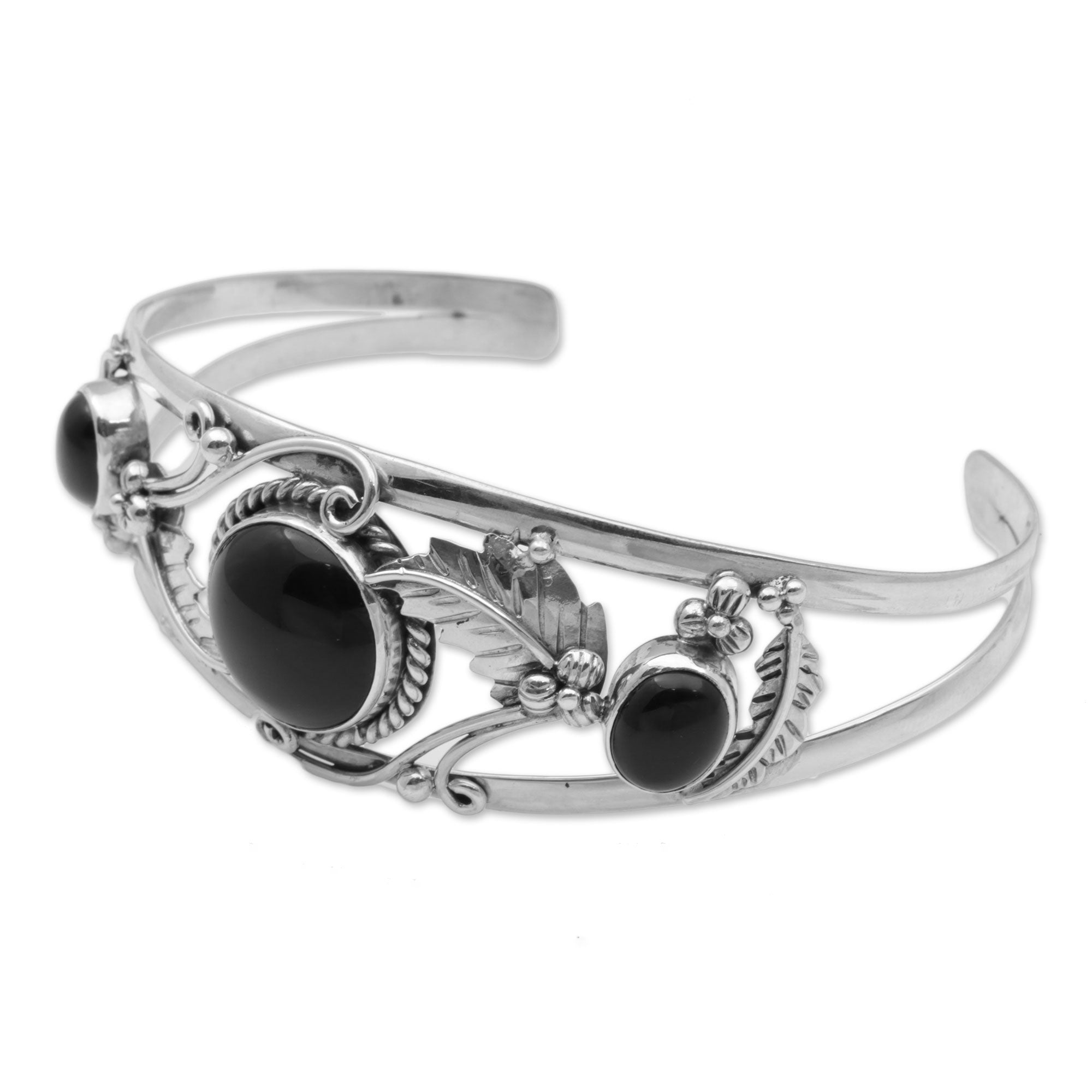 Premium Sterling Silver Leaf Cuff Bracelet with Onyx - Handcrafted in Bali