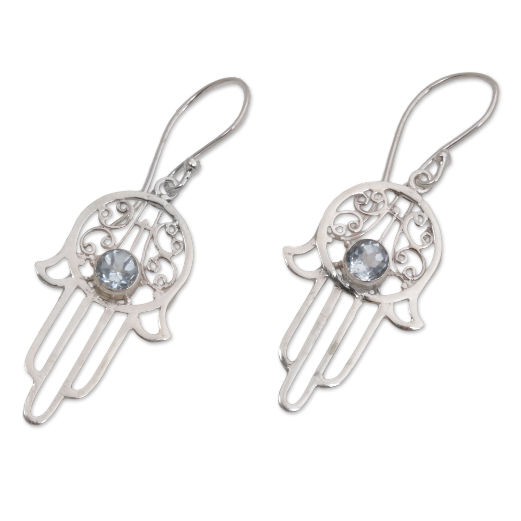 Premium Hamsa Swirls Blue Topaz Sterling Silver Dangle Earrings - Ultimate Protection & Style