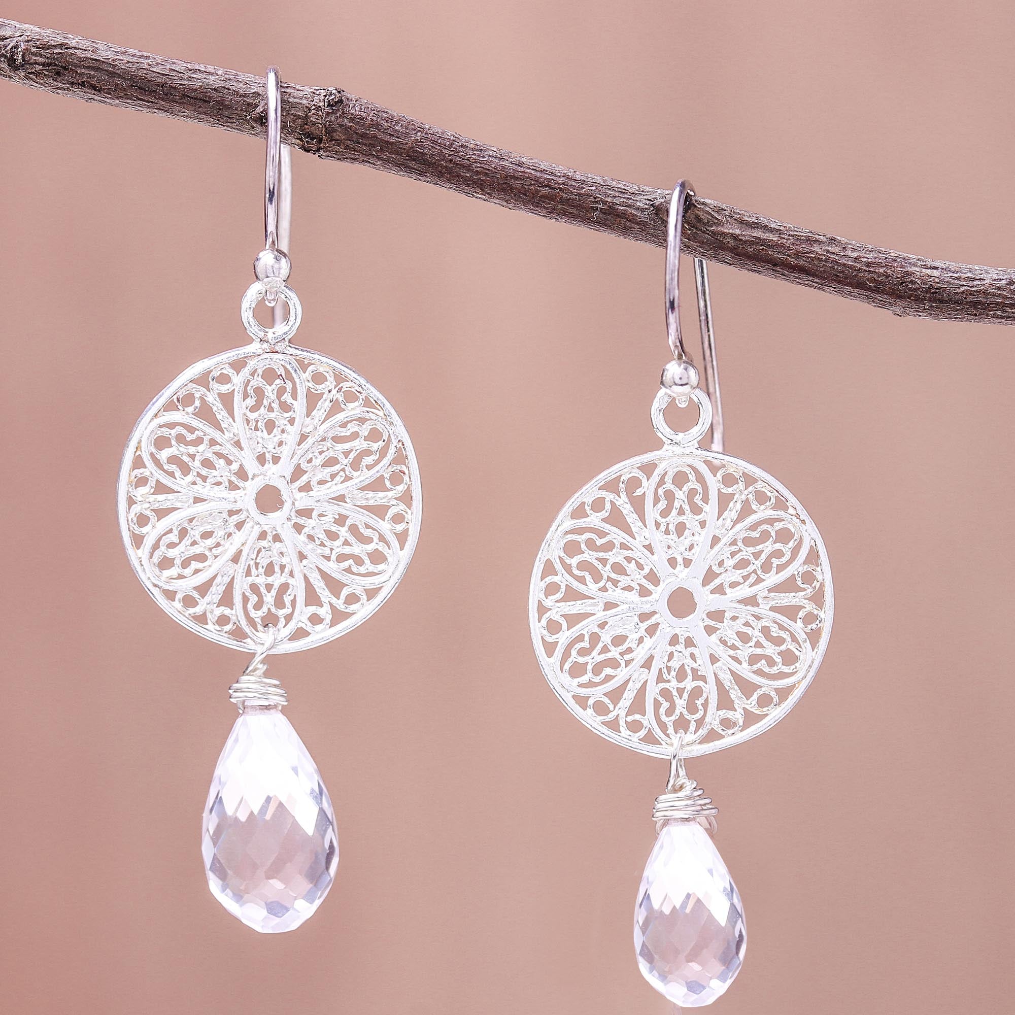 Premium Rose Quartz Dangle Earrings with Sterling Silver Web Design