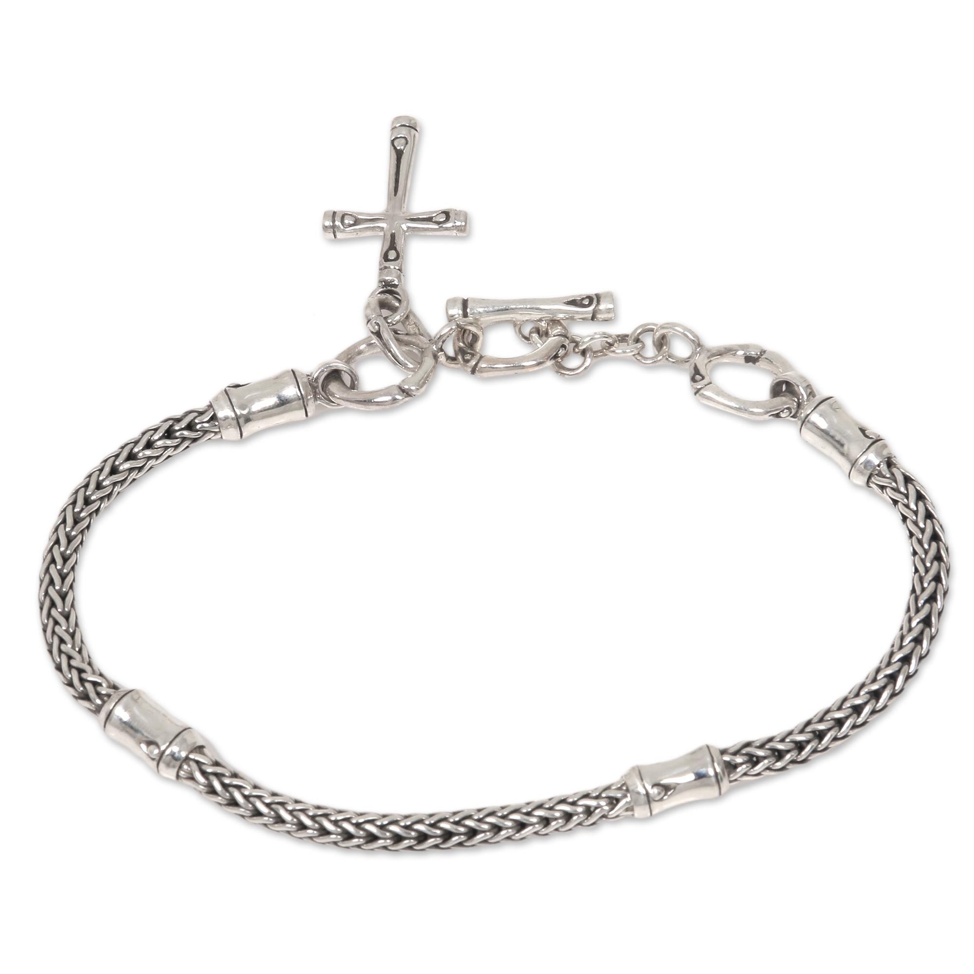 Premium Bamboo Cross Charm Bracelet - Handcrafted Sterling Silver Spiritual Jewelry from Bali