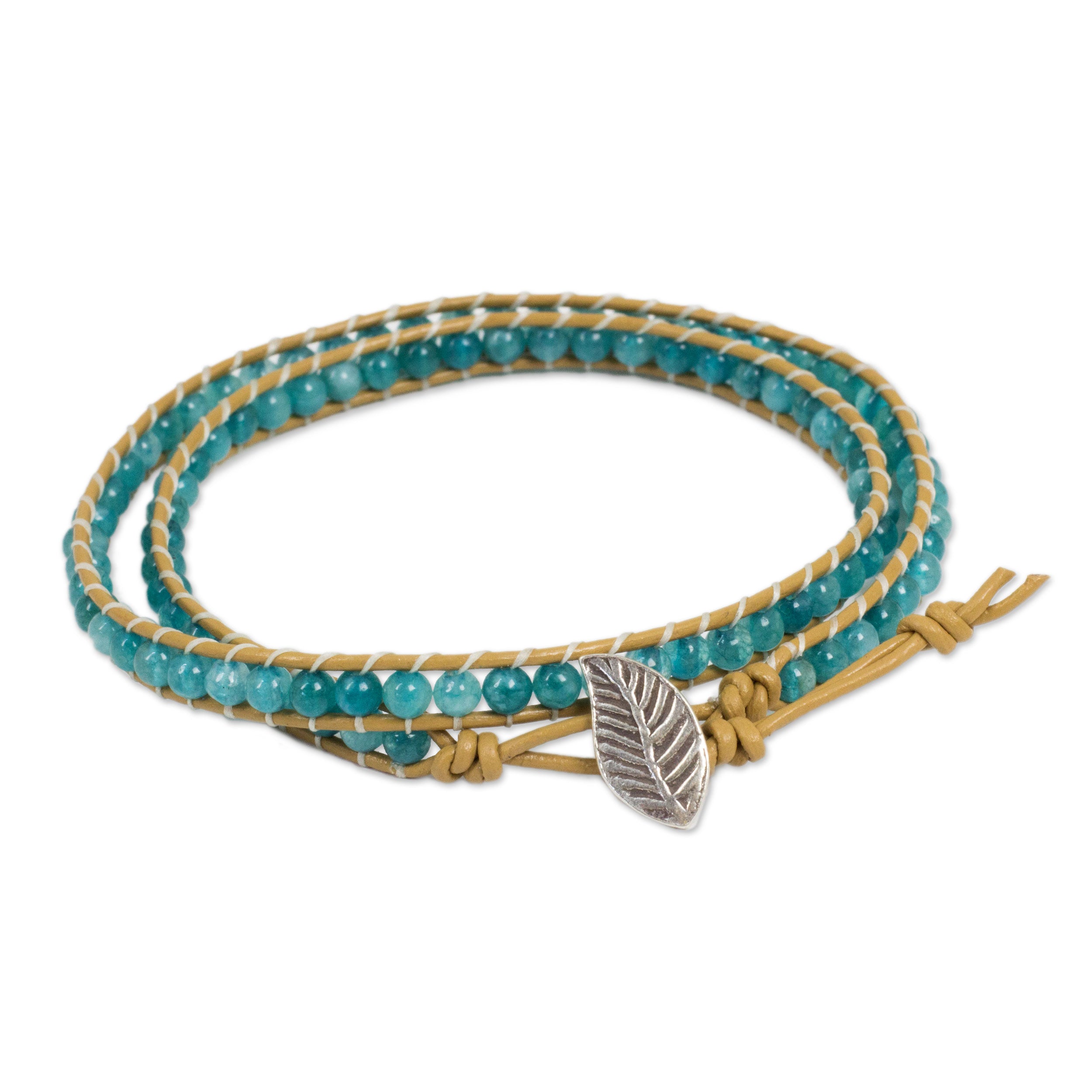 Premium Hill Tribe Handmade Wrap Bracelet - Ice Blue Quartz & Brown Leather