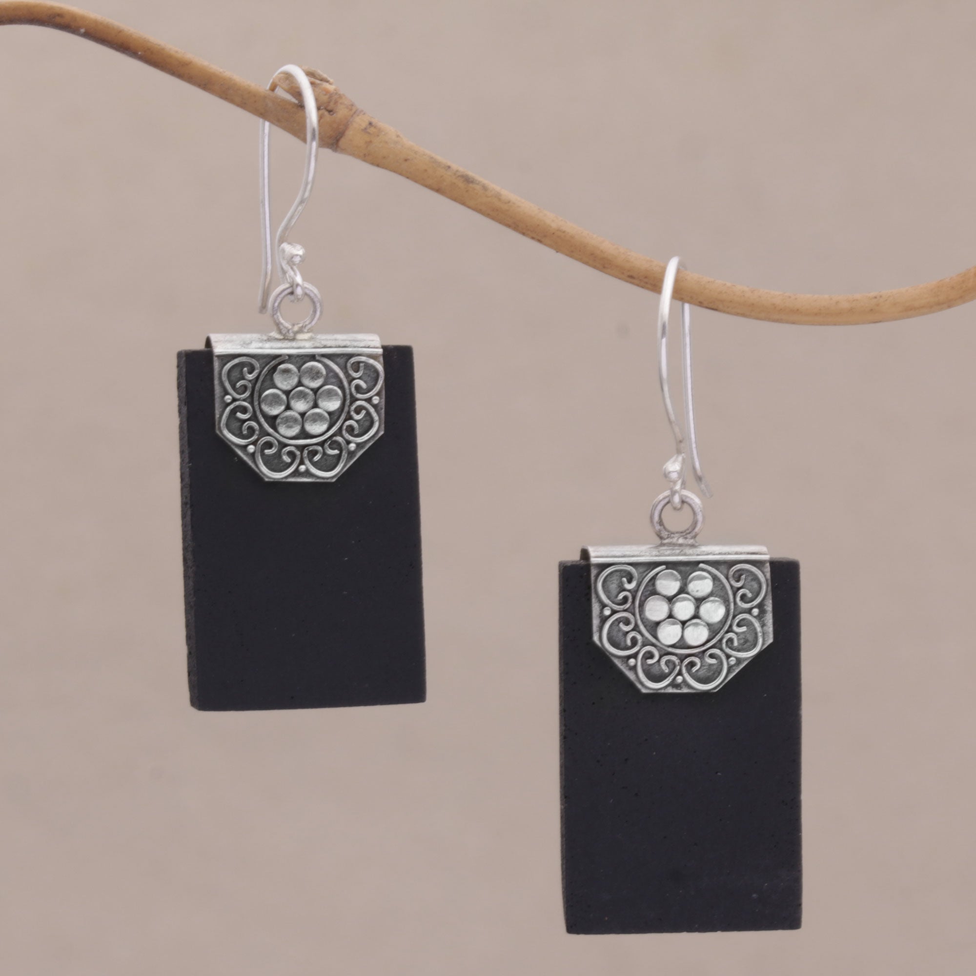 Premium Midnight Silver Lava Stone Dangle Earrings