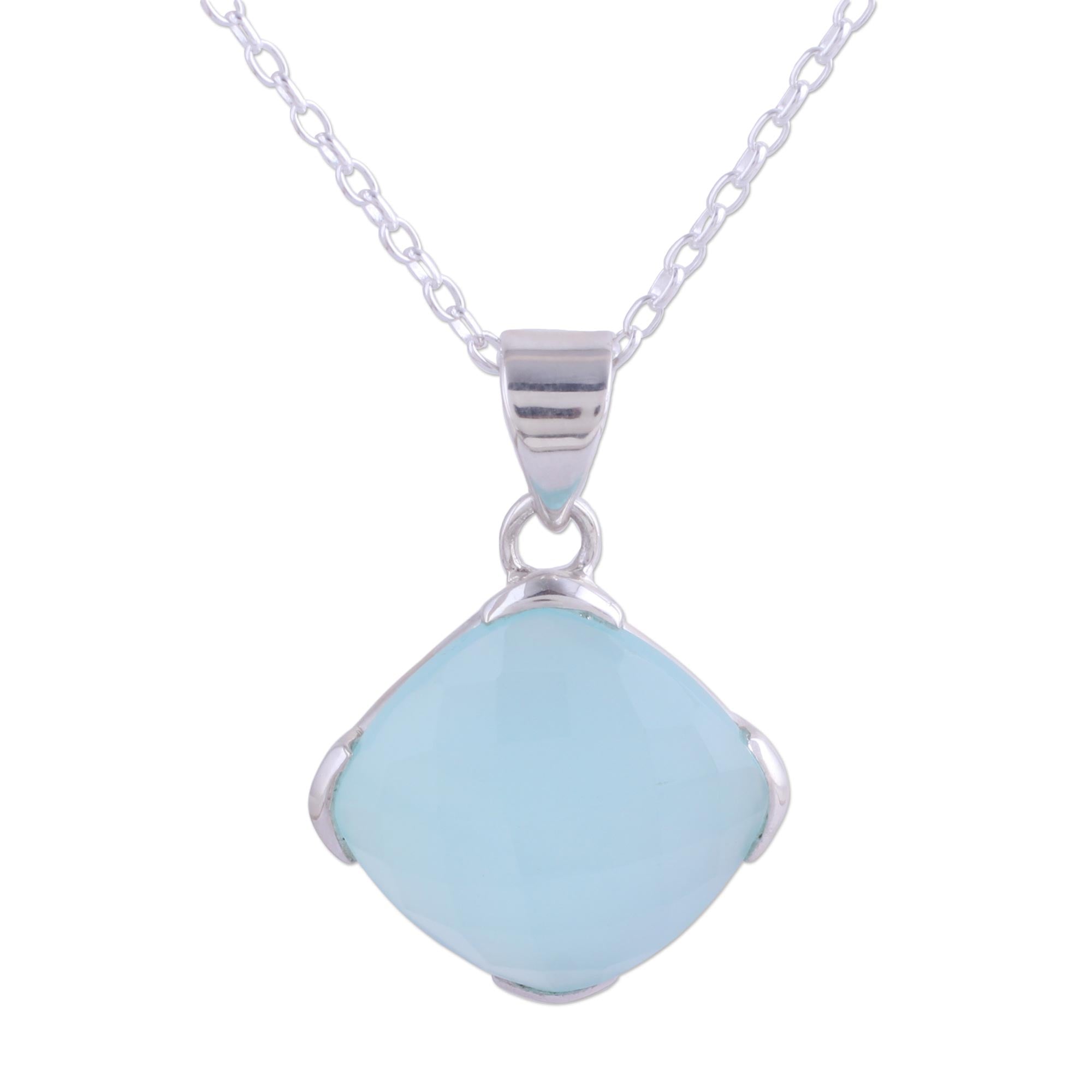 Premium Aqua Blue Chalcedony Pendant Necklace - Handcrafted Sterling Silver Jewelry