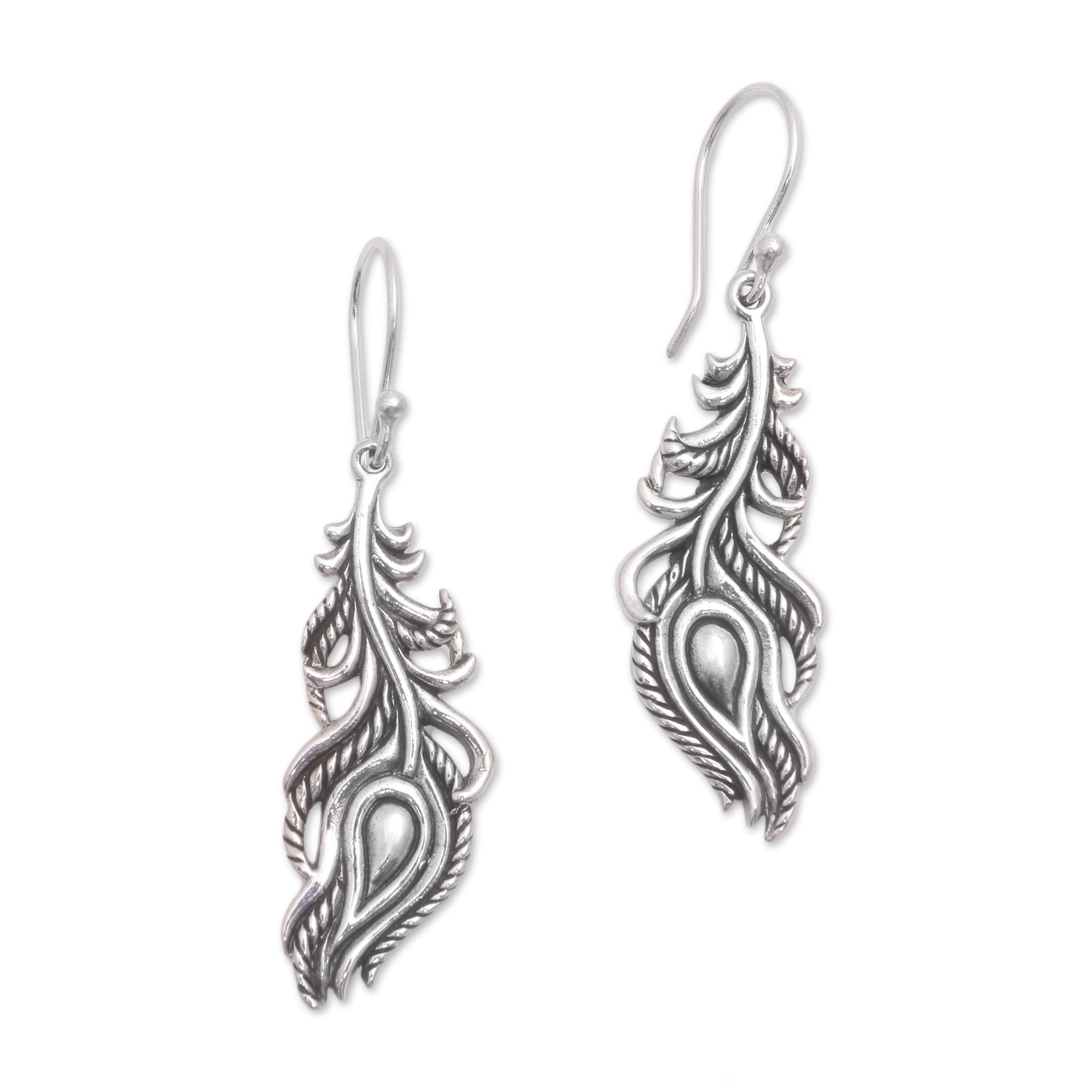 Premium Sterling Silver Peacock Feather Dangle Earrings - Bali Inspired Luck & Elegance