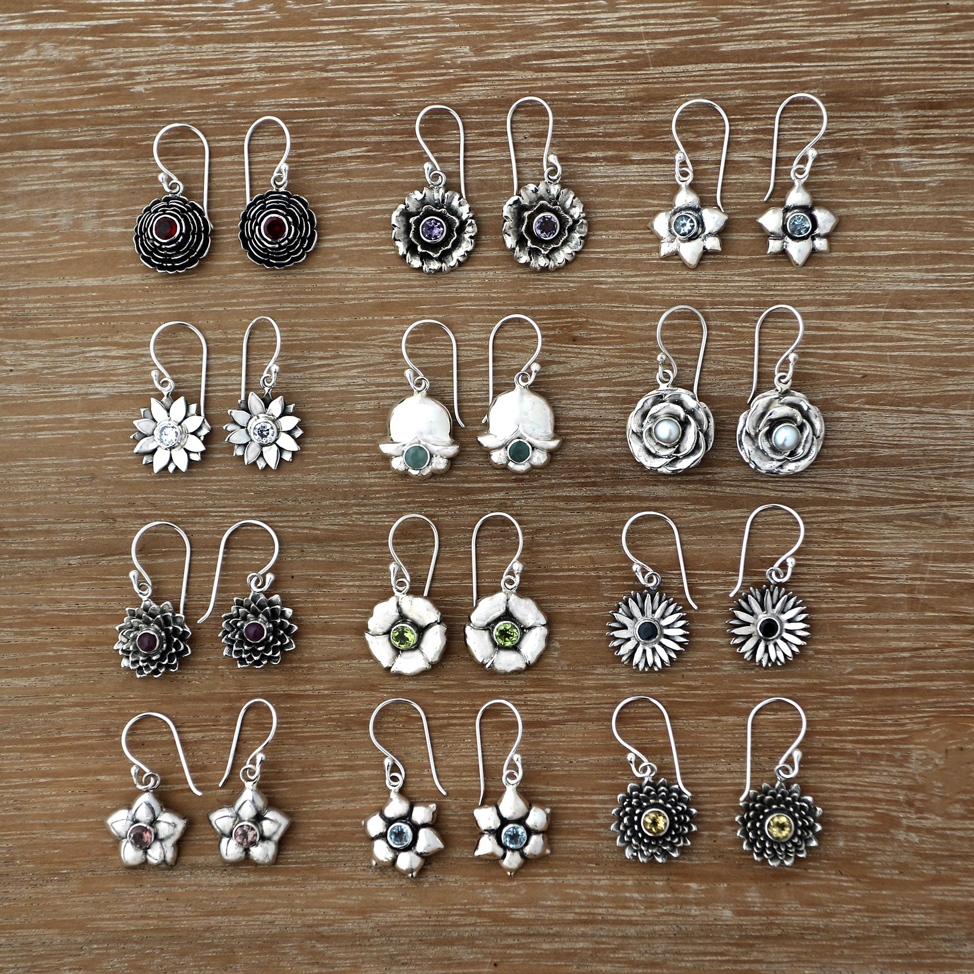 Premium Birthstone Dangle Earrings – Handcrafted Floral Design from Bali