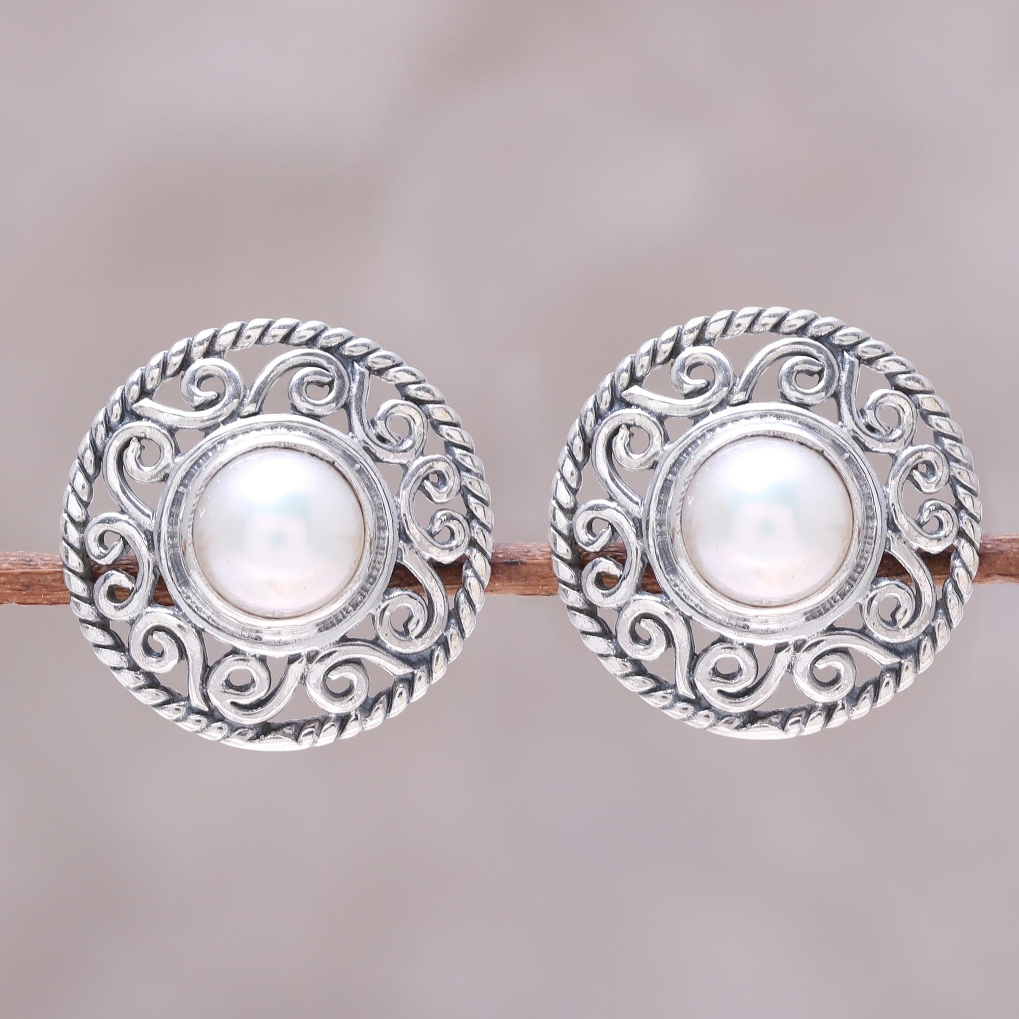 Premium Cultured Pearl Sterling Silver Scrollwork Button Earrings by Shanker