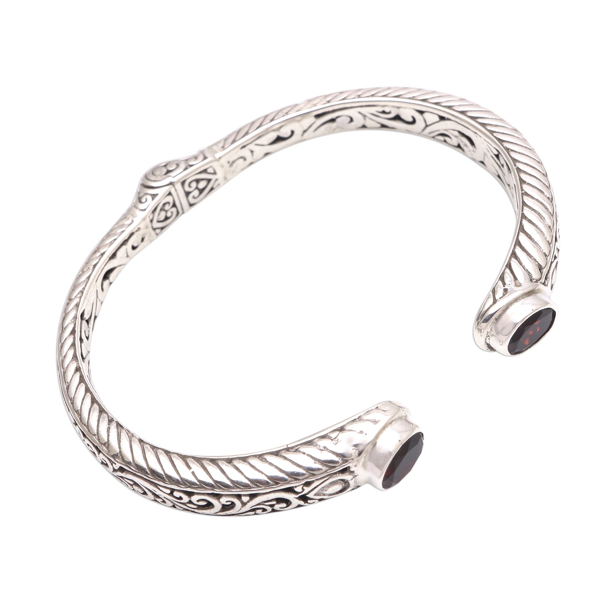 Premium Garnet Sterling Silver Scroll & Rope Cuff Bracelet – Handcrafted Elegance