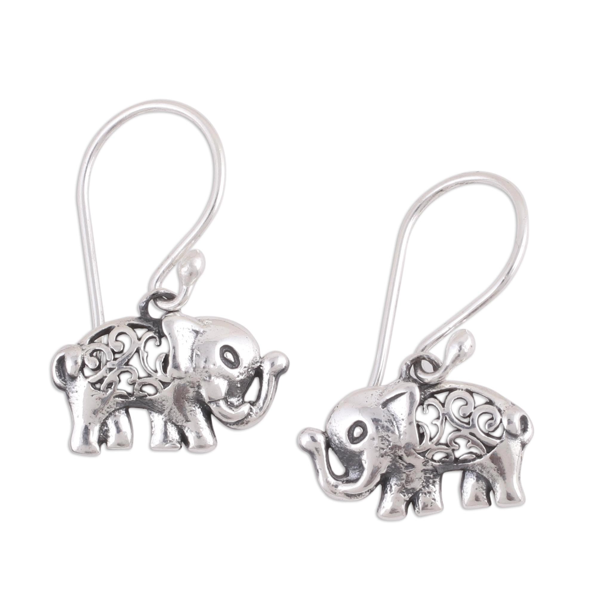 Premium Sterling Silver Elephant Dangle Earrings with Jali Motif