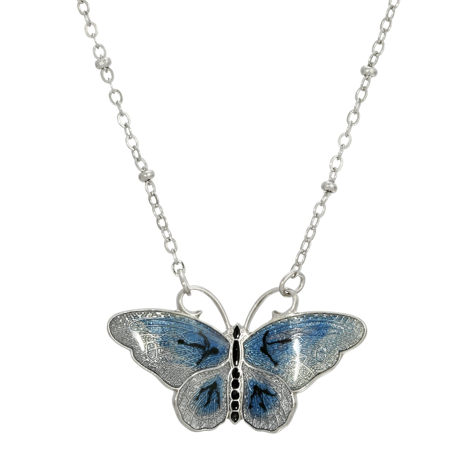 Premium Silver-Tone Blue & Black Enamel Butterfly Necklace - Adjustable 16