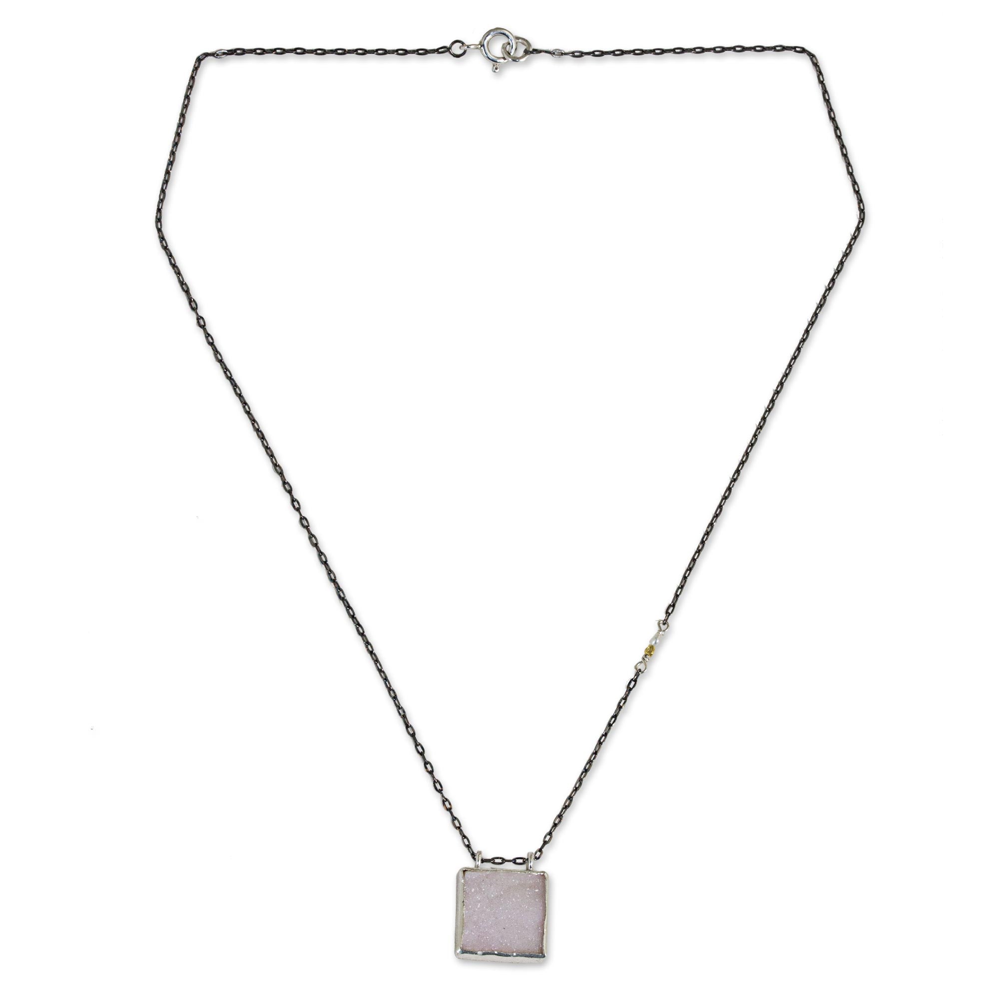 Premium Shimmering Sky Drusy Pendant Necklace with Pearl and Gold Accents