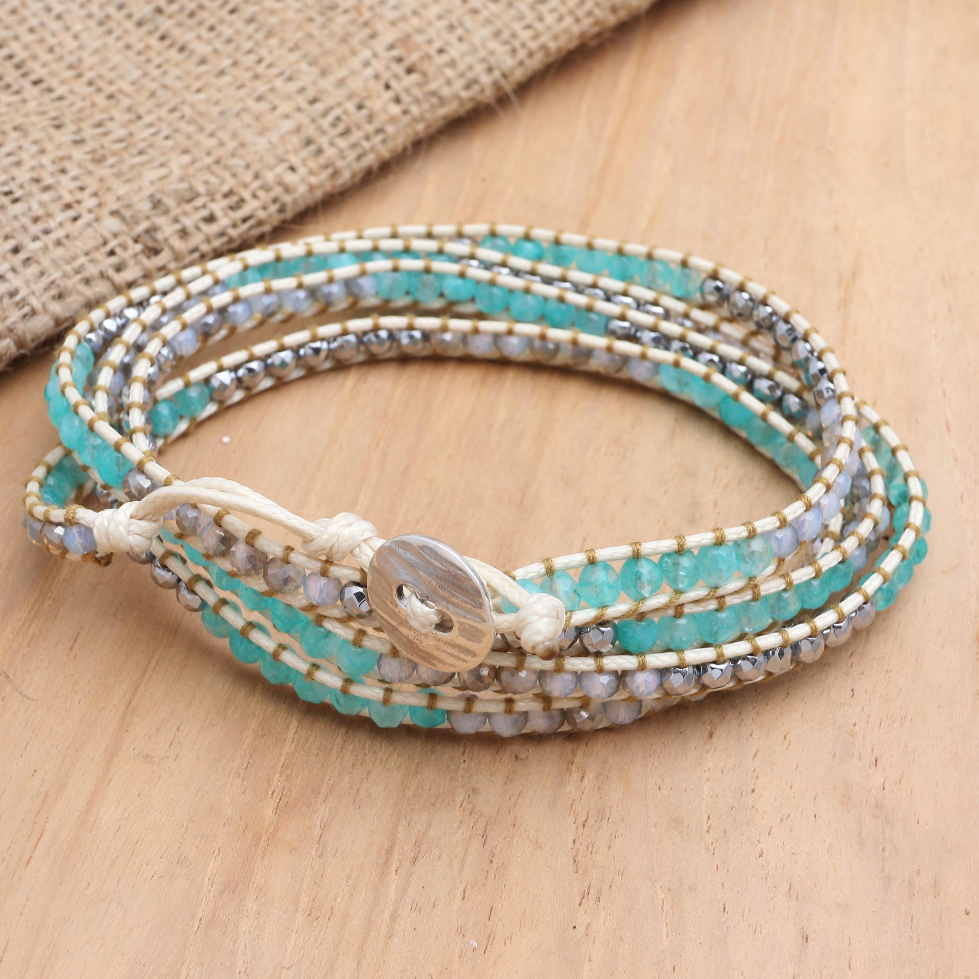 Premium Handmade Amazonite & Hematite Wrap Bracelet – Sterling Silver Clasp