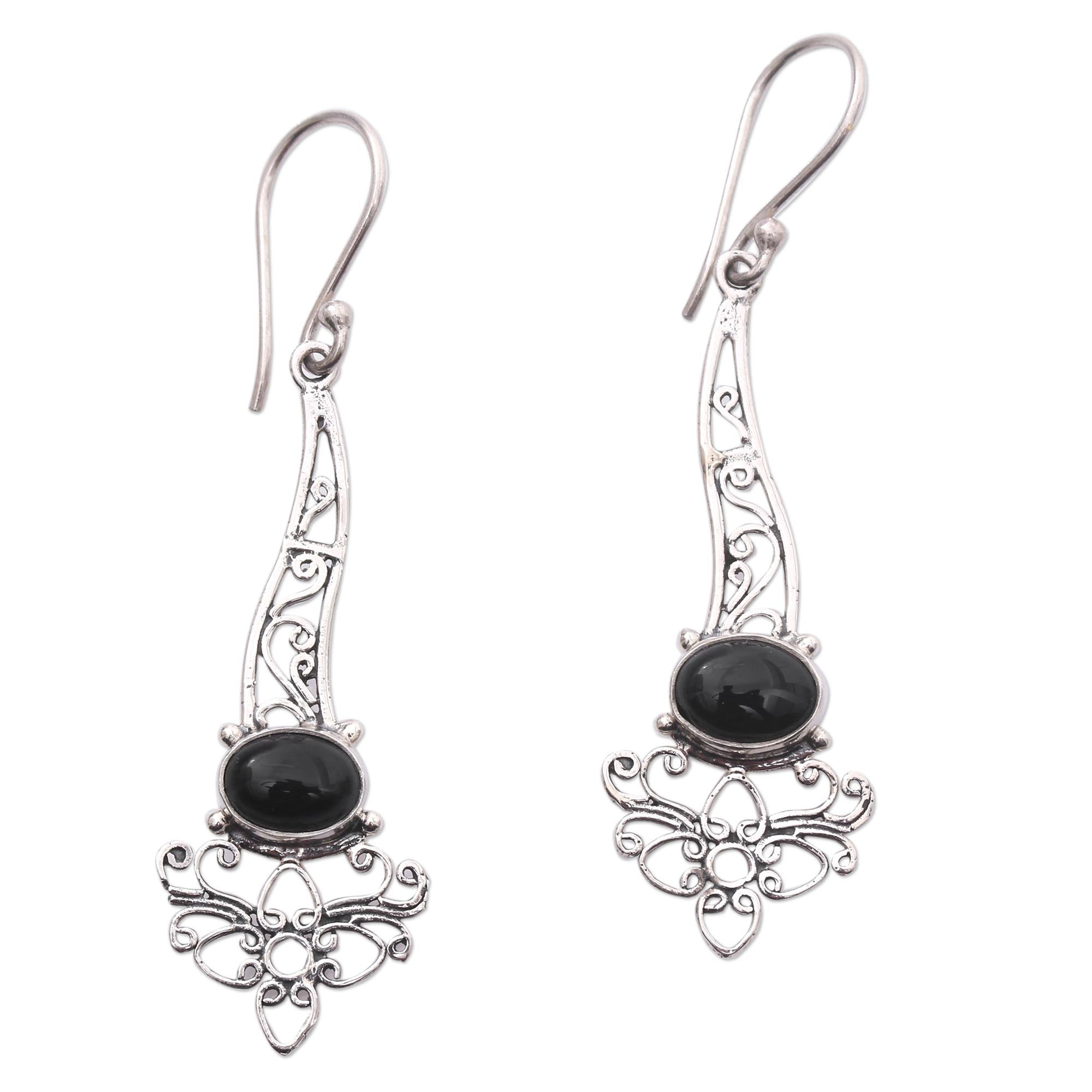 Premium Midnight Garden Breeze Onyx Dangle Earrings – Handcrafted Sterling Silver Floral Design