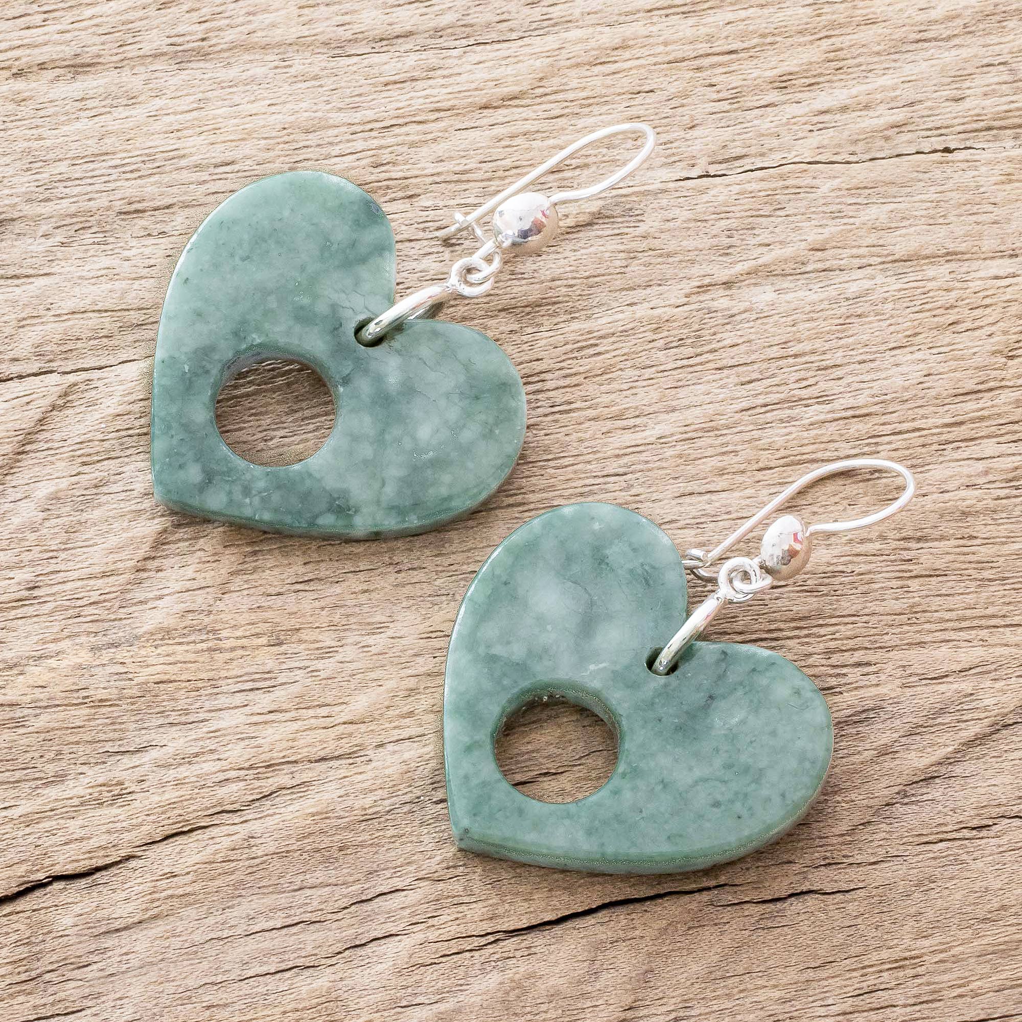 Premium Heart-Shaped Green Jade Dangle Earrings by Zandra Lorena Sajbin