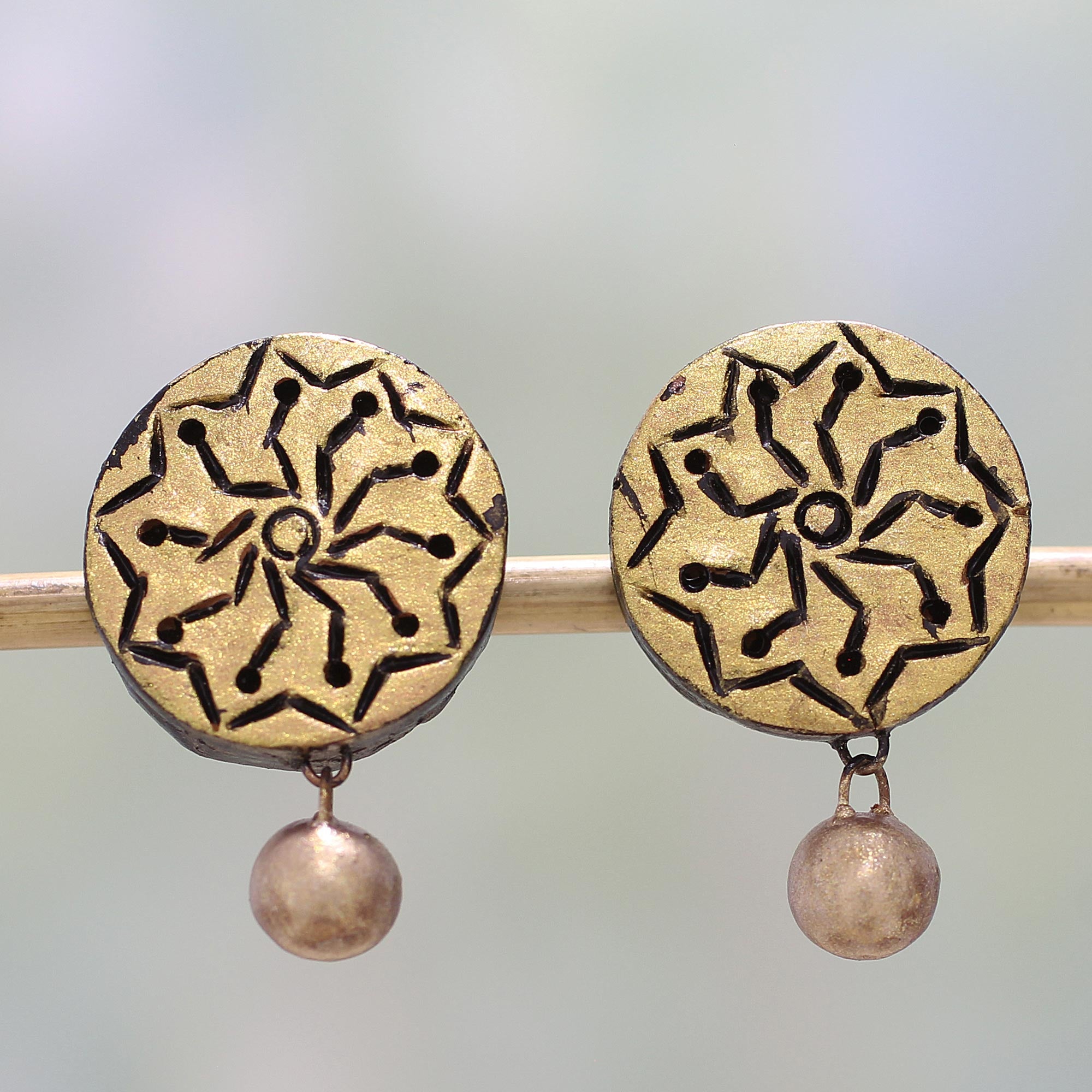 Premium Golden Floral Ceramic Dangle Earrings - Handcrafted by Indian Artisans