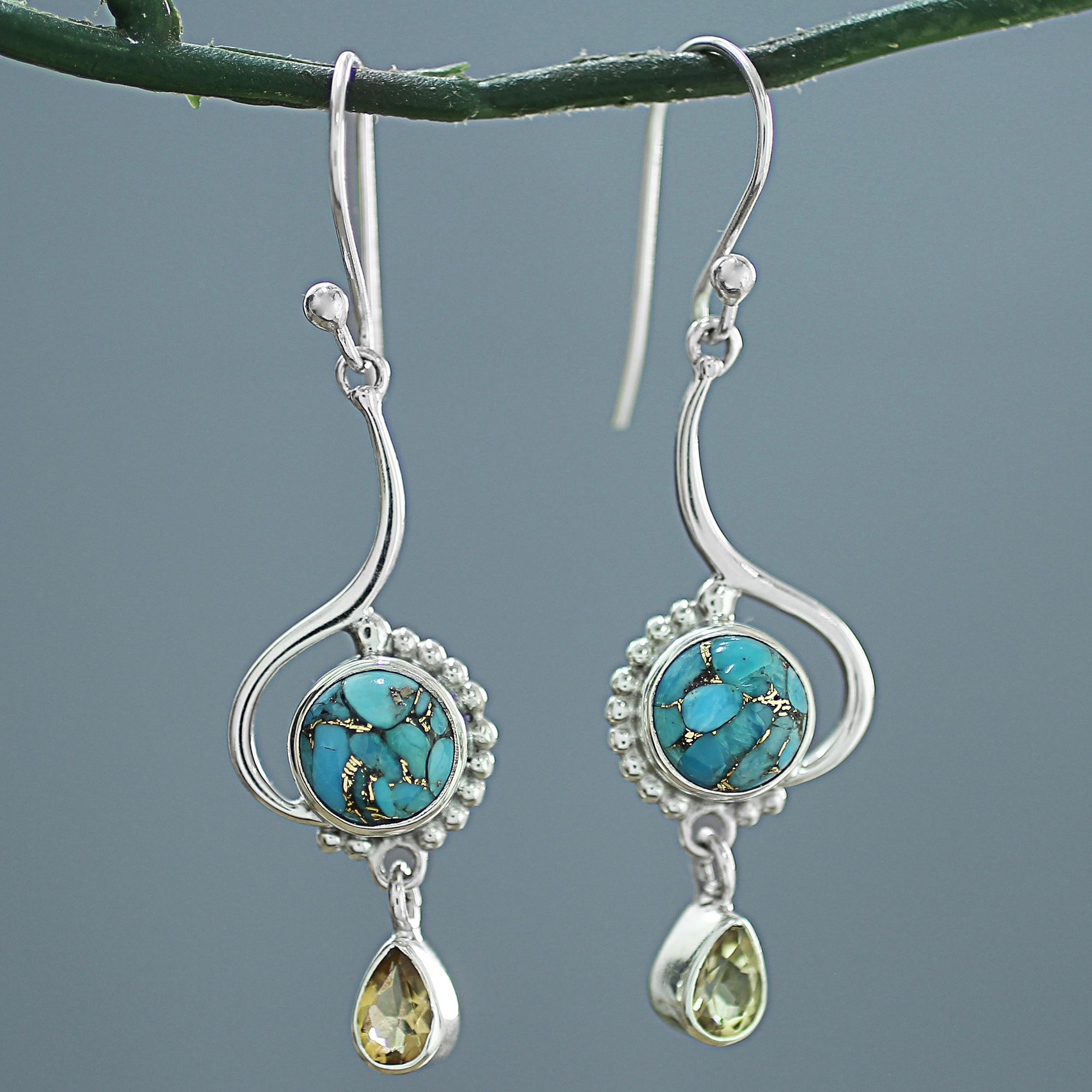 Premium Sunny Splendor Sterling Silver Turquoise Dangle Earrings – Handcrafted in India