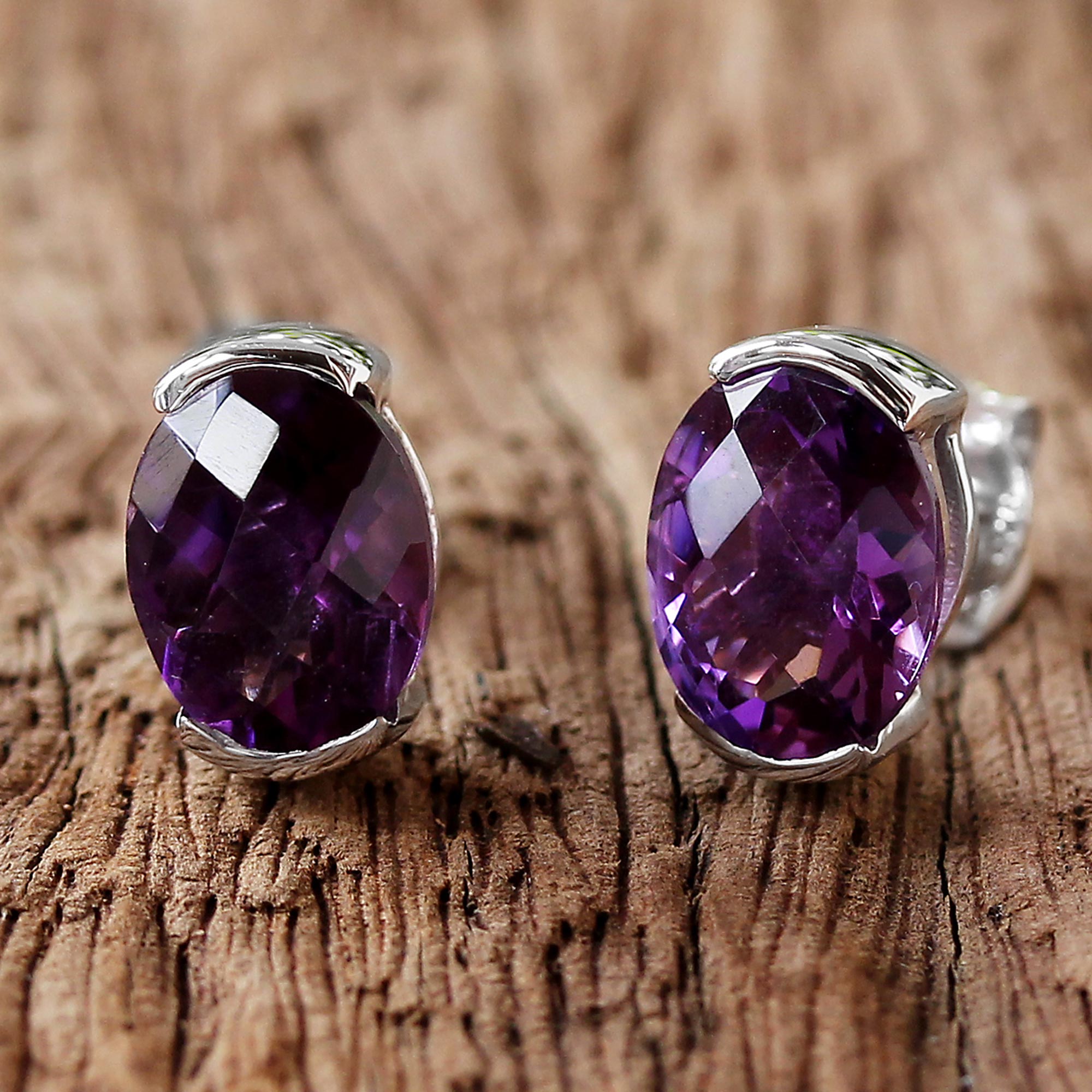 Premium Amethyst Sterling Silver Stud Earrings - Elegant Thai Design