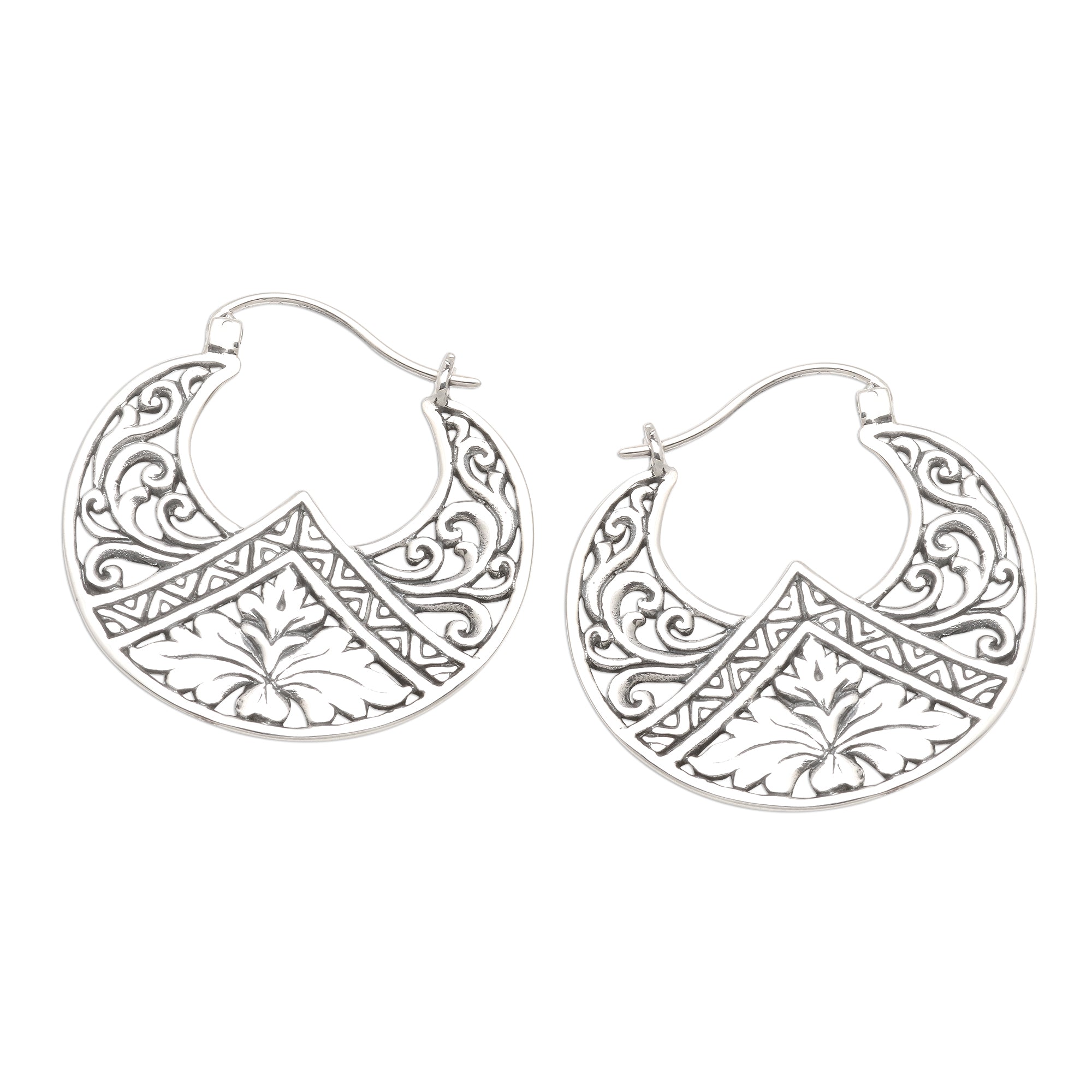 Premium Flame Flower Sterling Silver Hoop Earrings - Balinese Floral Design