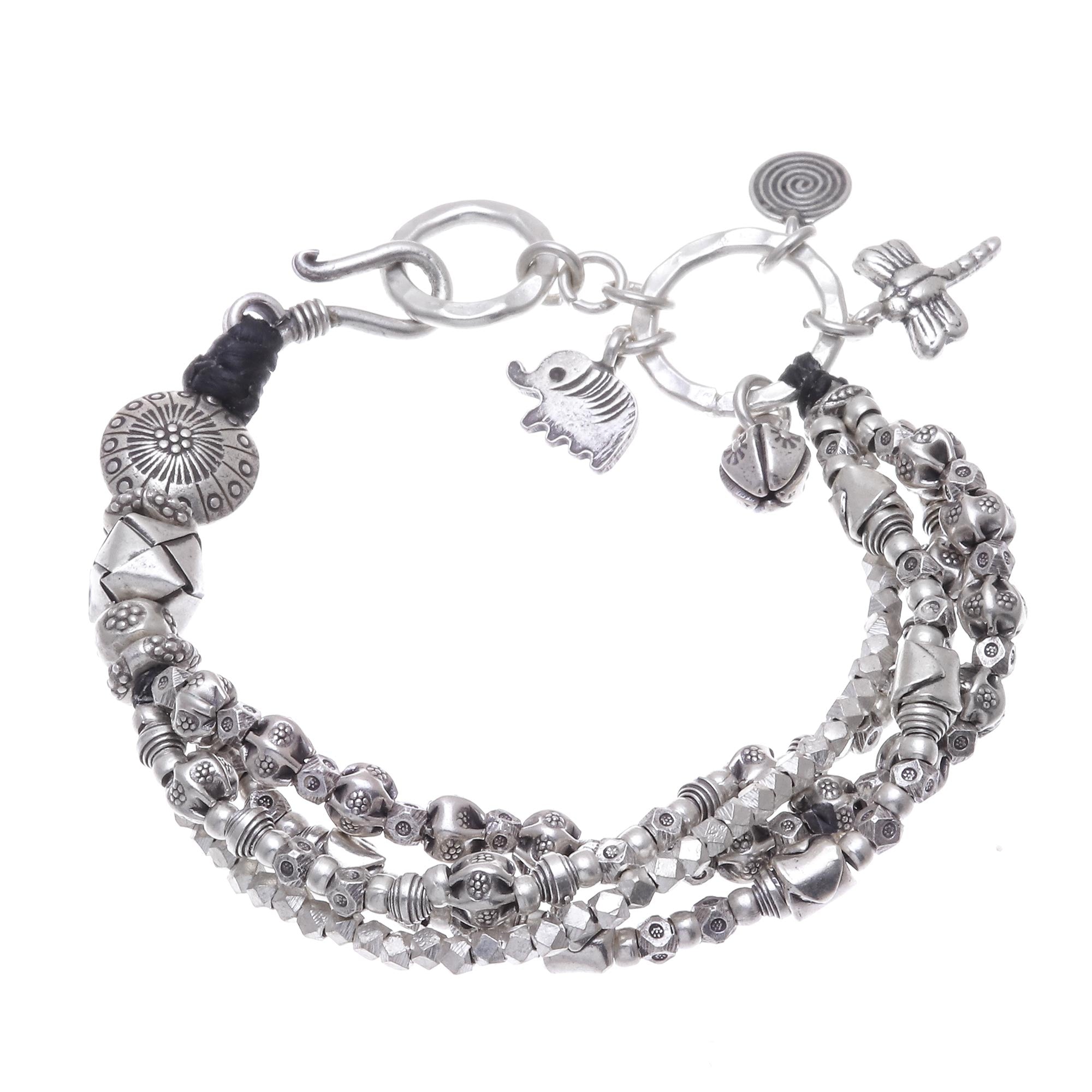 Premium Karen Hill Tribe 950 Silver Beaded Bracelet - Elephant & Dragonfly Charms