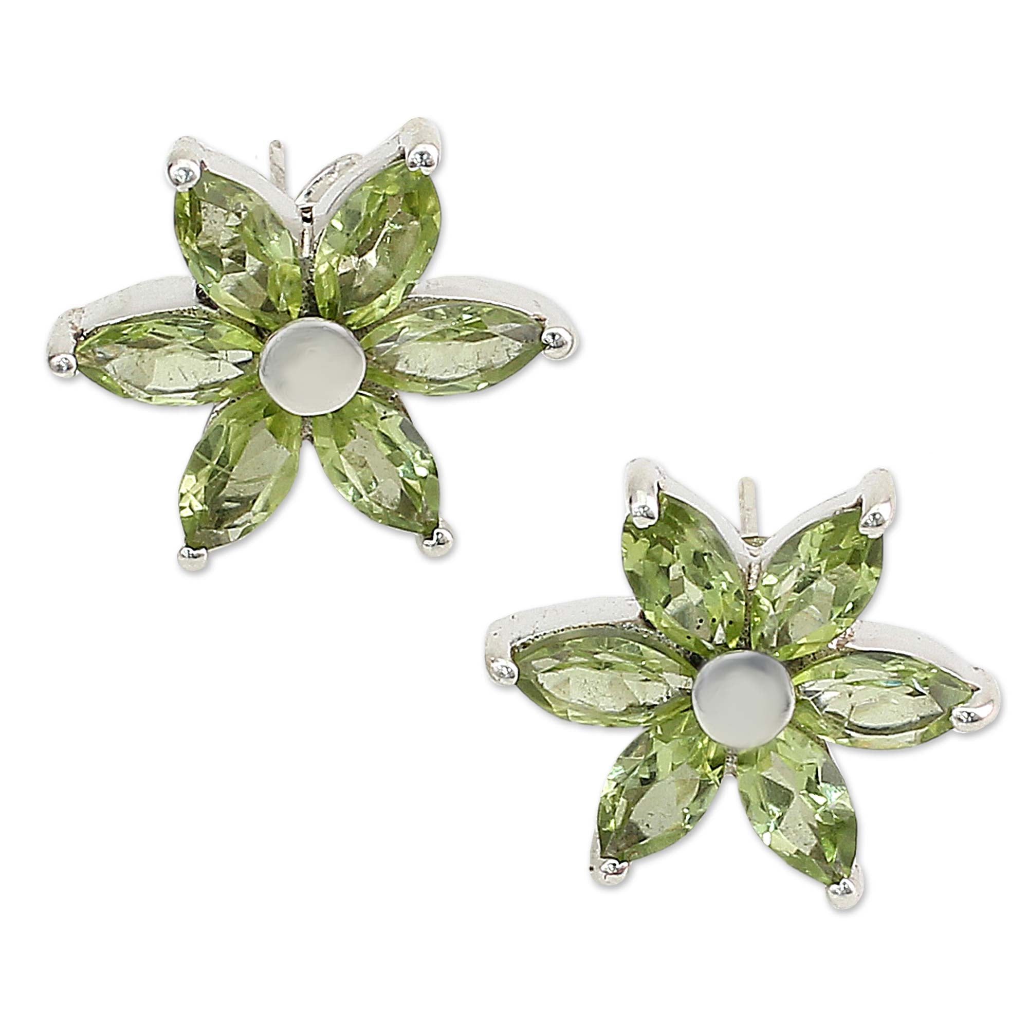 Premium Summer Blossom Floral Peridot Earrings in Rhodium-Plated Sterling Silver