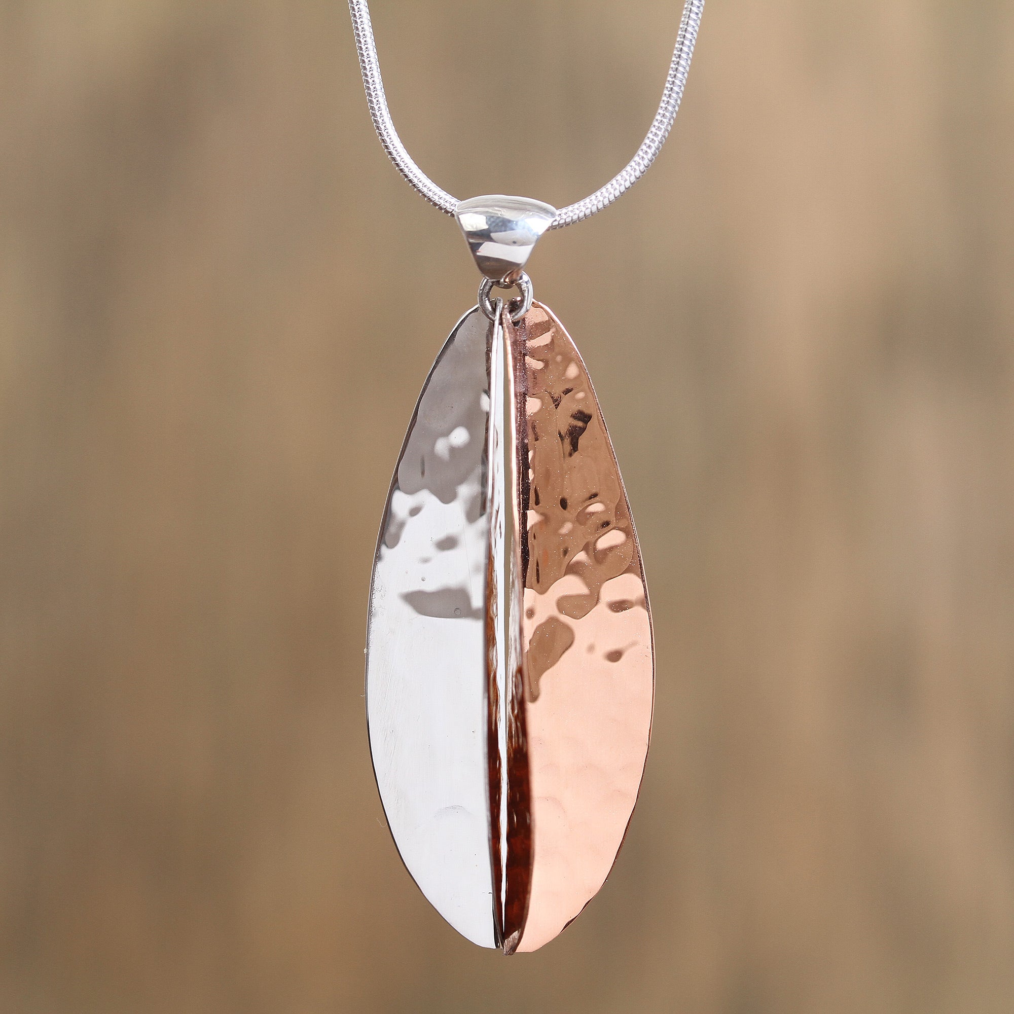 Premium Leaf-Shaped Pendant Necklace - Sterling Silver & Copper Handcrafted Jewelry