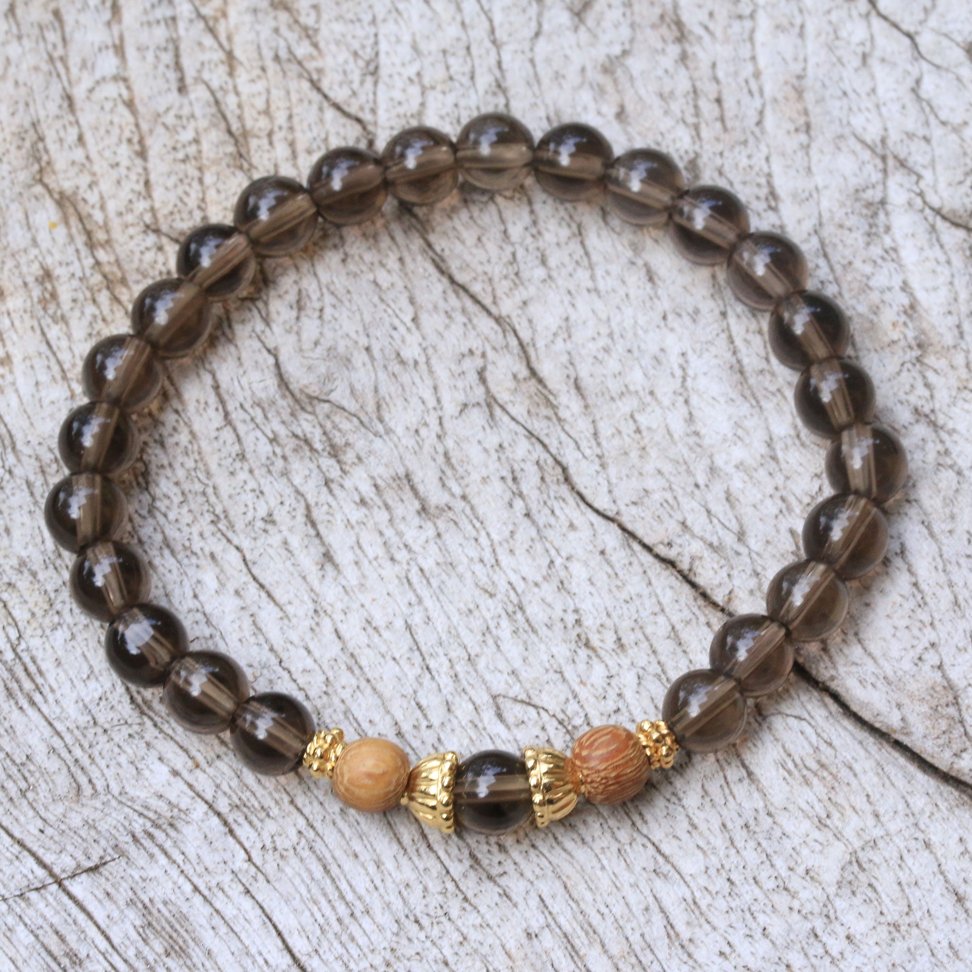 Premium Smoky Quartz Stretch Bracelet with Wood & Gold Accents