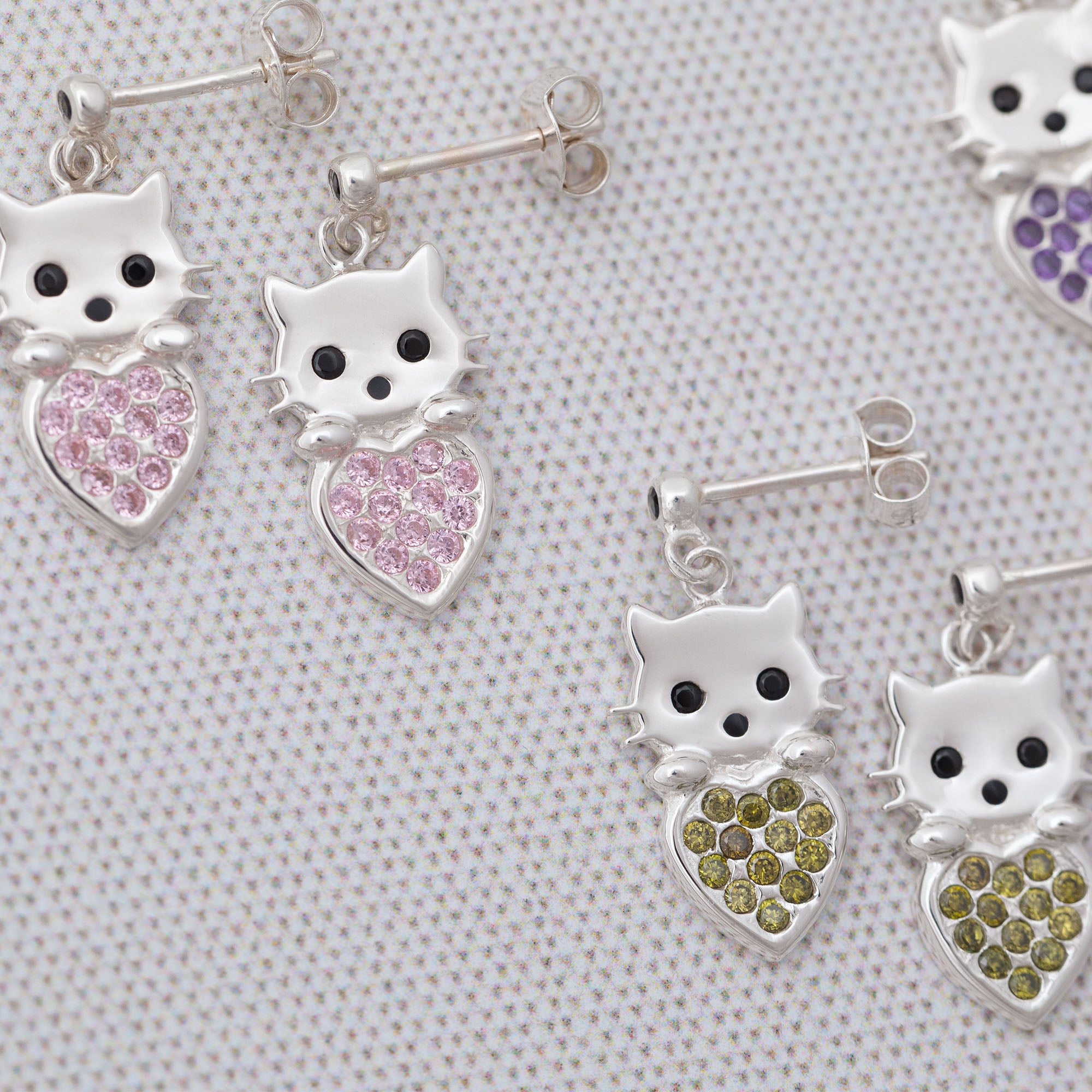 Premium Sterling Silver Cat & Heart Birth Month Drop Earrings