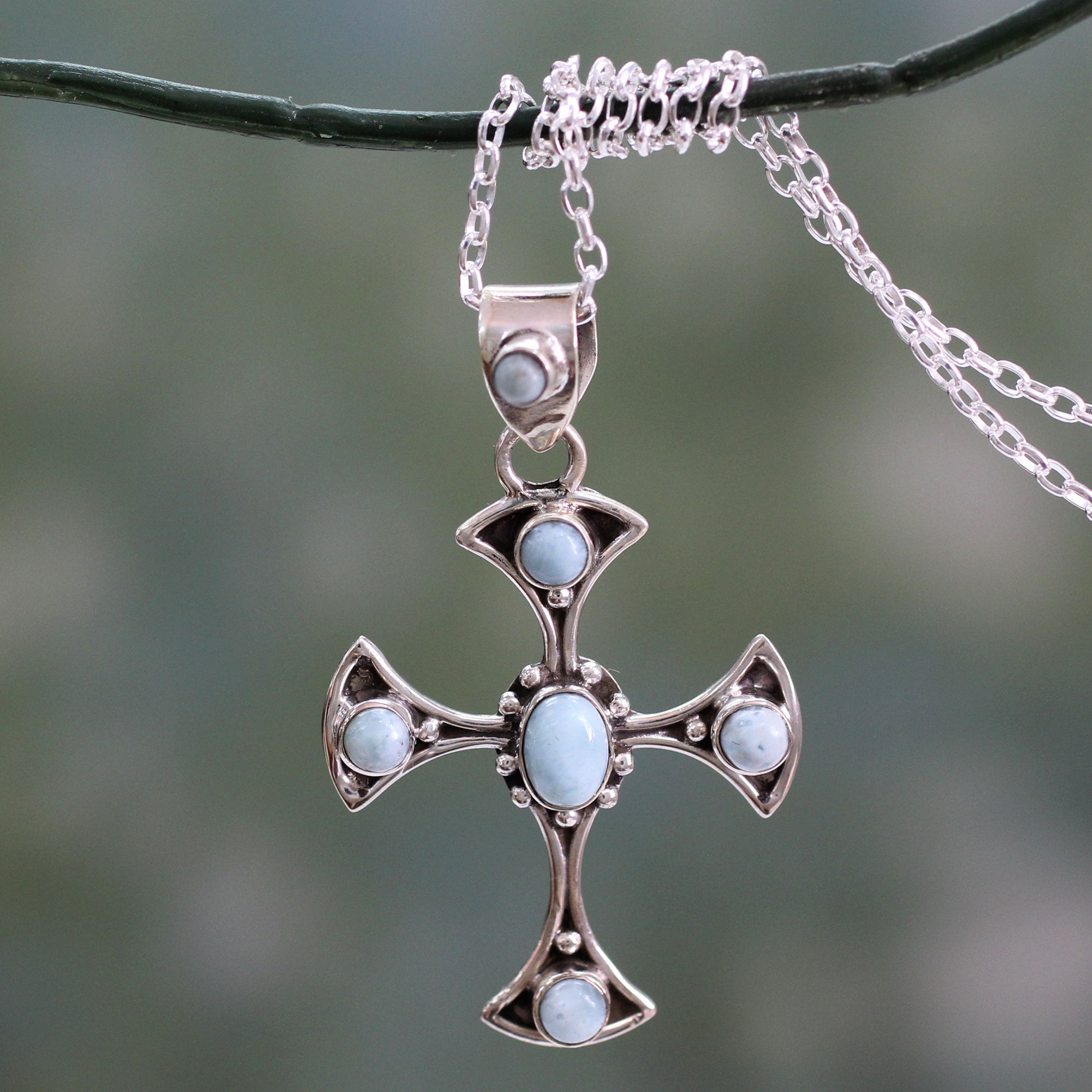 Premium Sacred Memory Larimar & Sterling Silver Cross Pendant Necklace