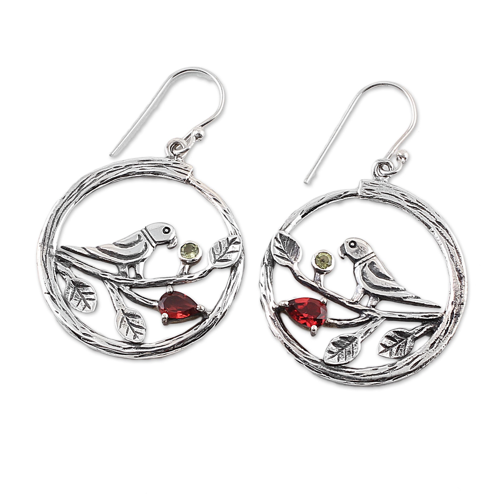 Premium Sterling Silver Parrot Dangle Earrings with Garnet & Peridot | Handcrafted in India