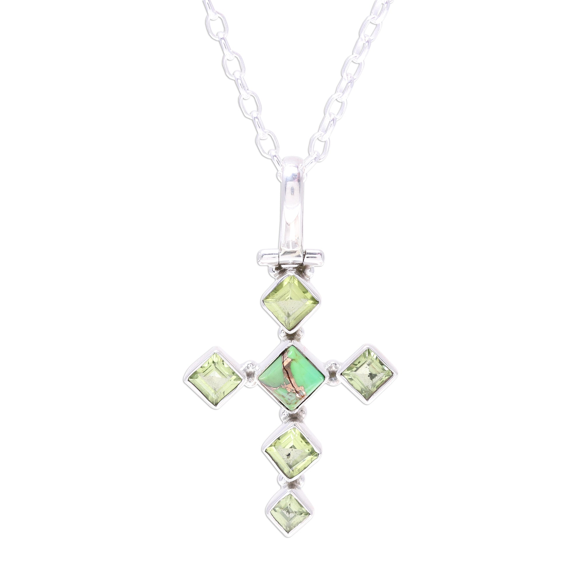 Premium Verdant Cross Pendant Necklace with Peridot and Turquoise