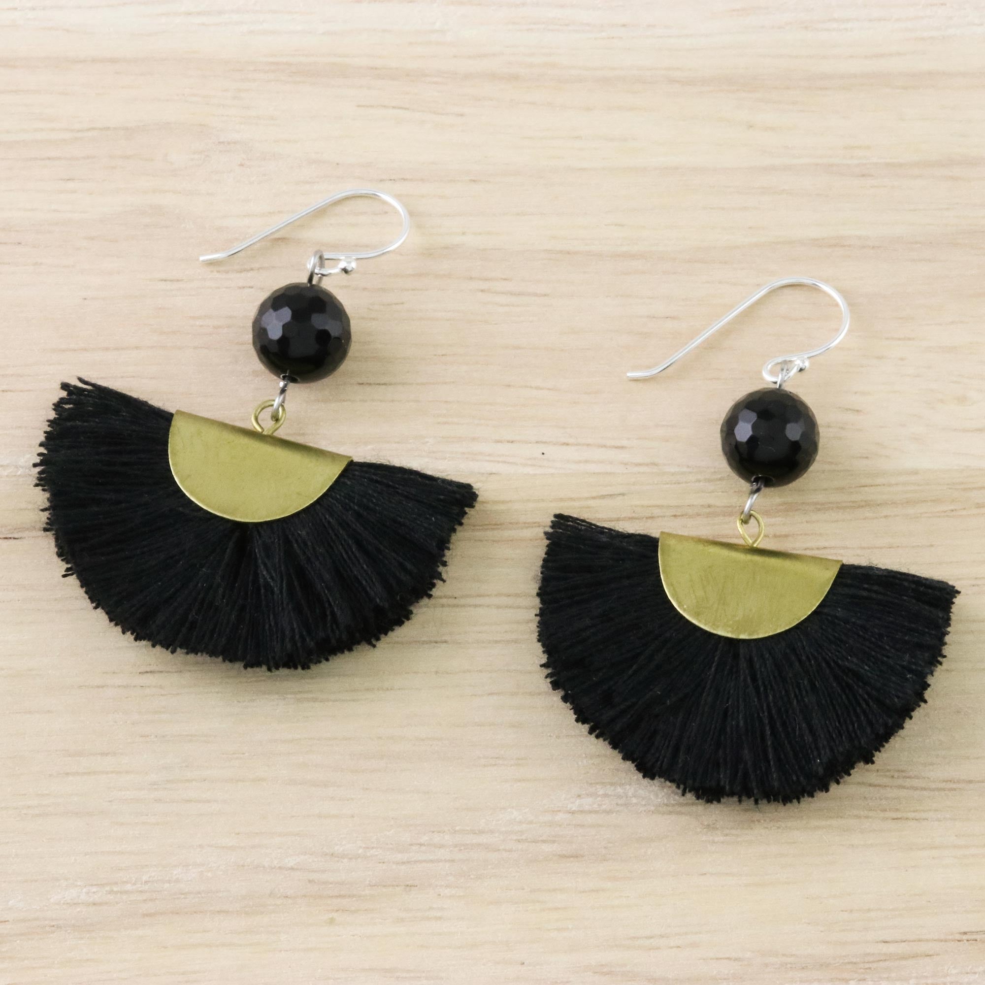 Premium Black Quartz & Brass Dangle Earrings with Elegant Cotton Fringe