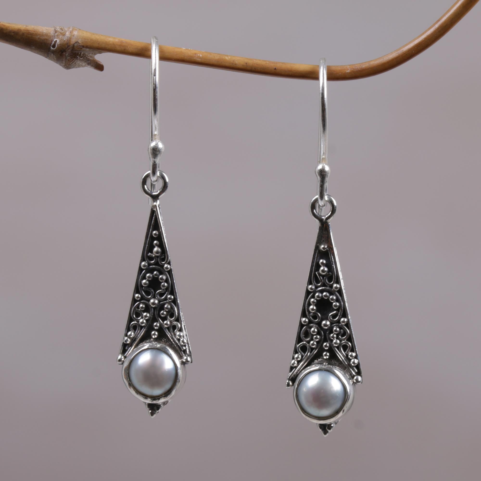 Premium Triangular Moons Mabe Pearl Dangle Earrings - Handcrafted in Bali