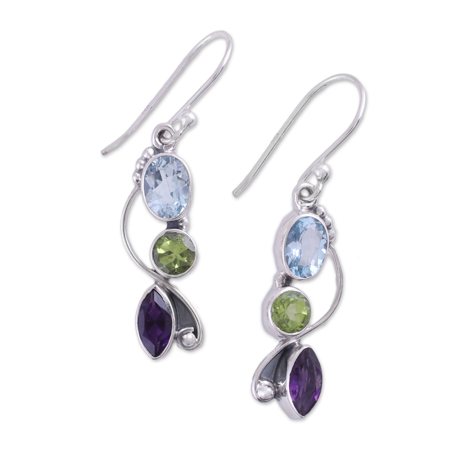 Ultimate Shimmering Alliance: Blue Topaz, Peridot & Amethyst Sterling Silver Dangle Earrings