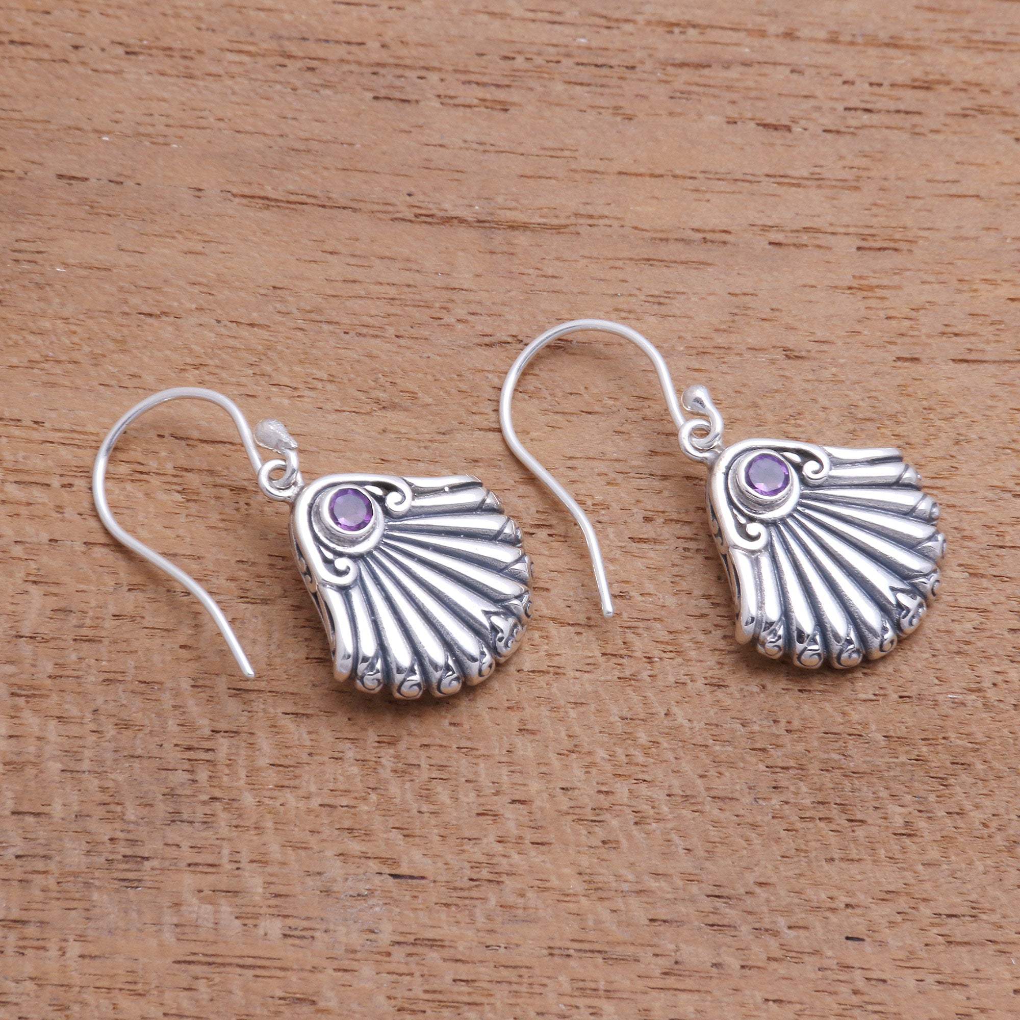 Premium Bali Amethyst Seashell Dangle Earrings - Handcrafted Sterling Silver