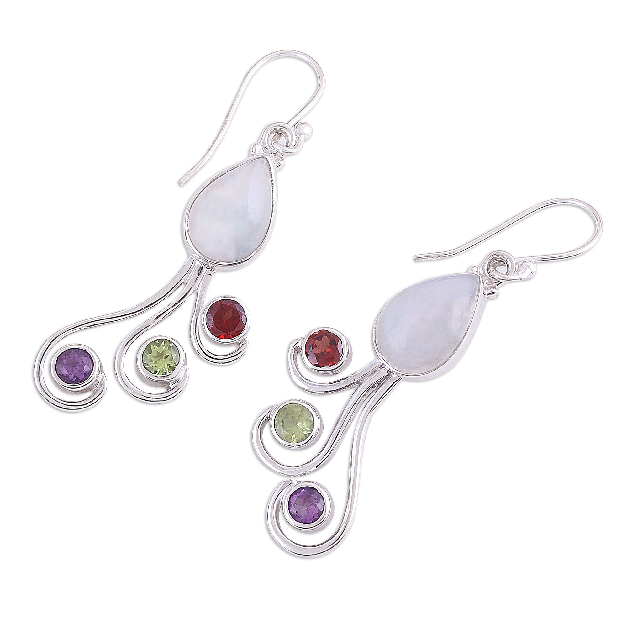 Premium Multi-Gemstone Silver Dangle Earrings - Handcrafted in India